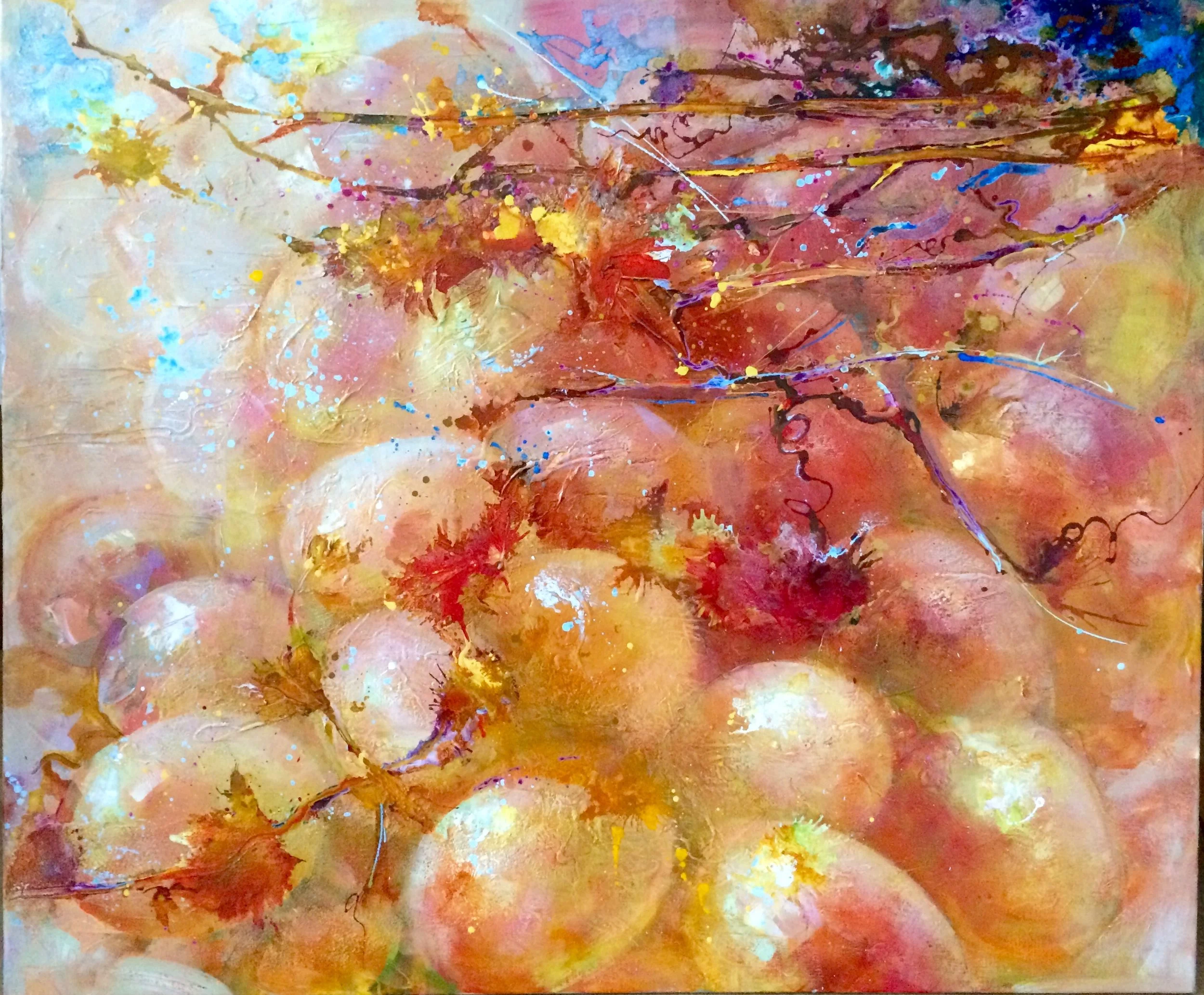 Alsace 
100 x 120

Abstract painting of grapes in bright, warm colors like orange, yellow, and red, with blue and purple details and some light circular shapes.