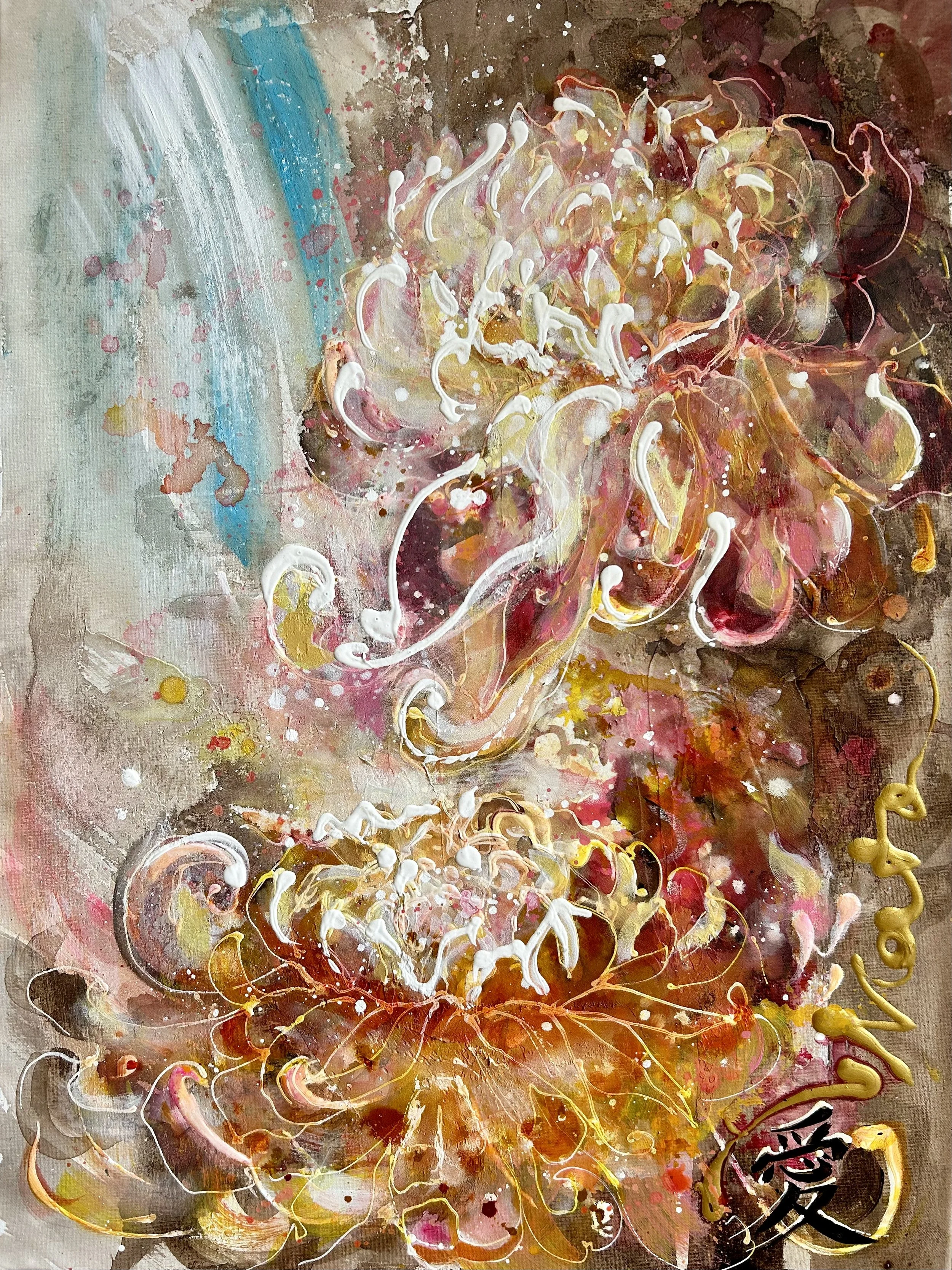 Chrysanthemum Love
80 x 60

Abstract painting of flowers in pink, yellow, white, black, and brown colors with cream splatter and texture.