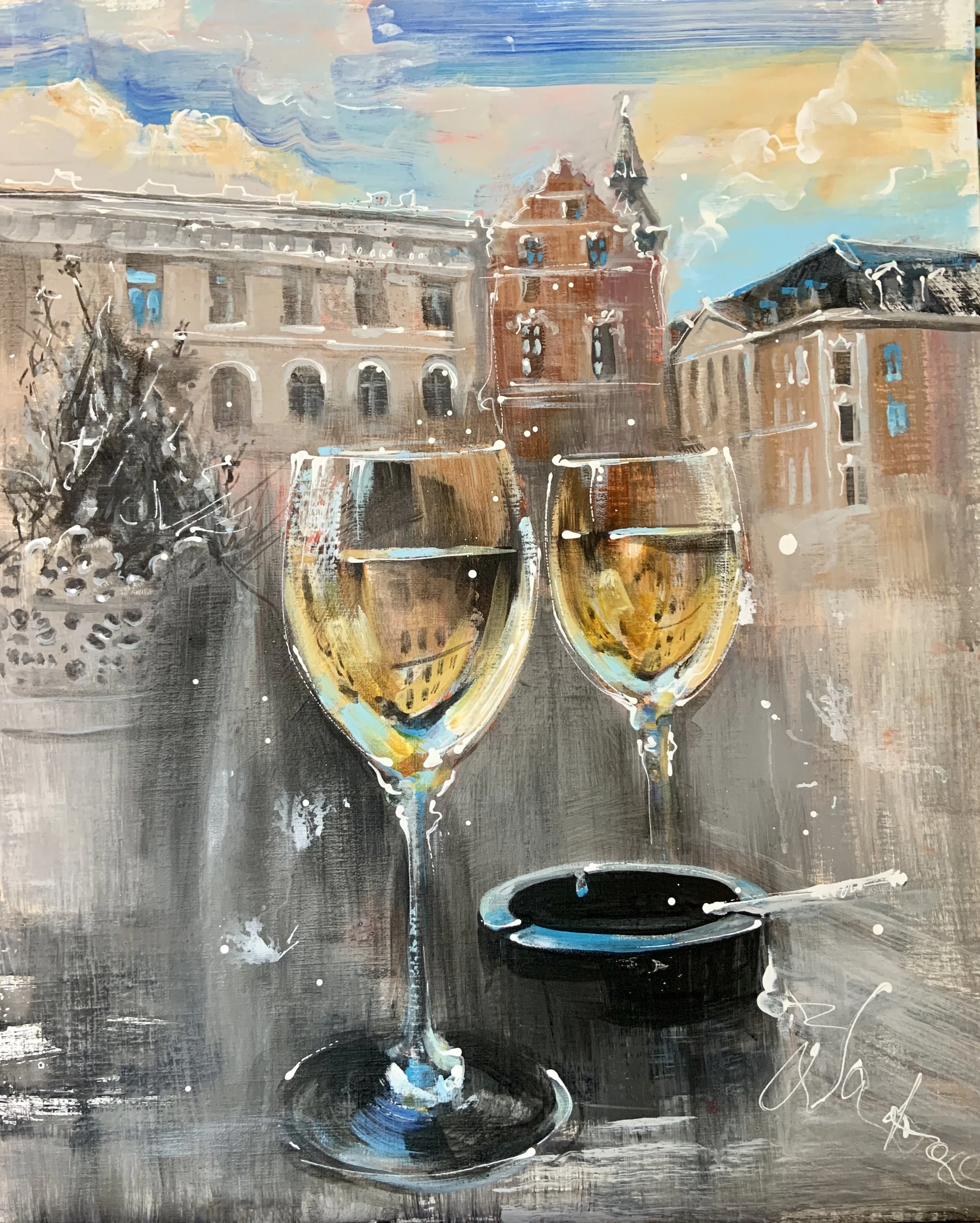 A painting of two glasses of white wine on a table with a cityscape in the background, including historic buildings and an ashtray with a cigarette.
