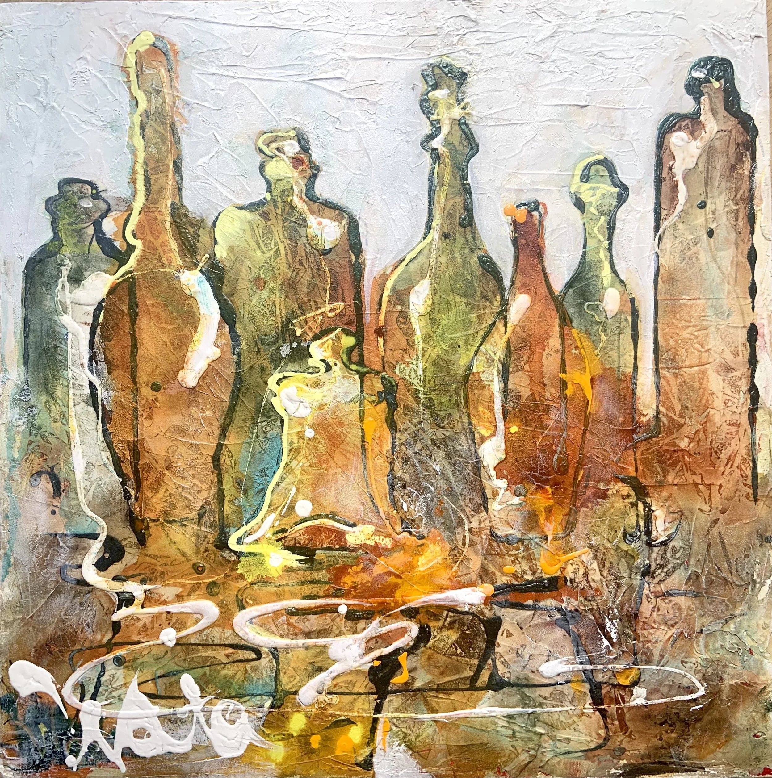 After the Party
60 x 60

Abstract painting of glass with textured layers of yellow, orange, red, green, white, and blue paint, creating a vibrant, expressive artwork.