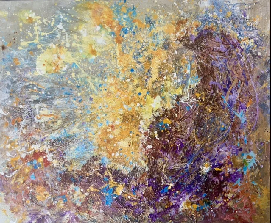 Magic
100 x 120

“Abstract painting with splashes of blue, purple, yellow, orange, and white paint on canvas.”