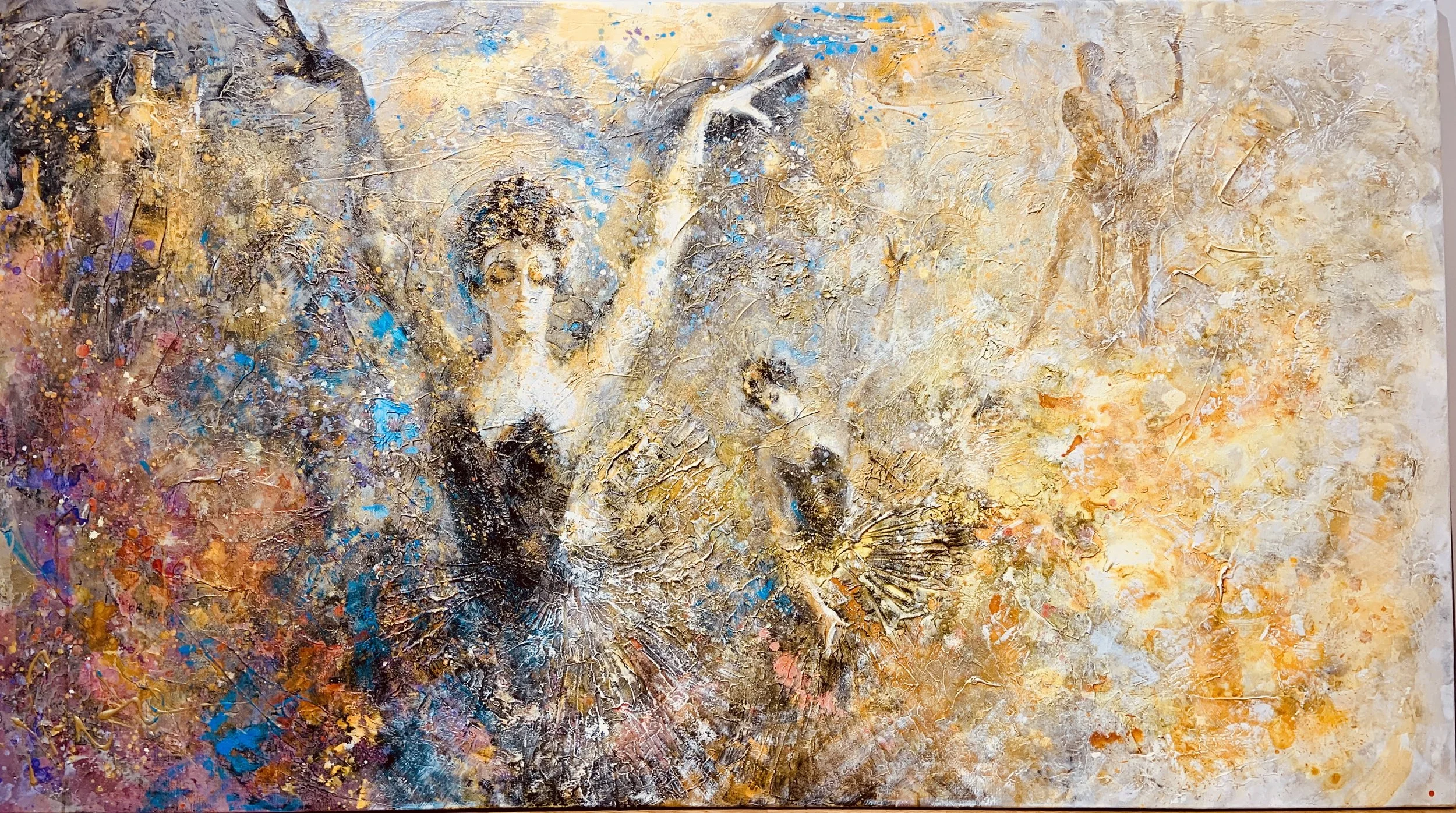 Black Swan
200 x 110

Abstract painting of a ballerina, dancing without hesitation.. yellow, orange, blue, pink, purple, and black colors.