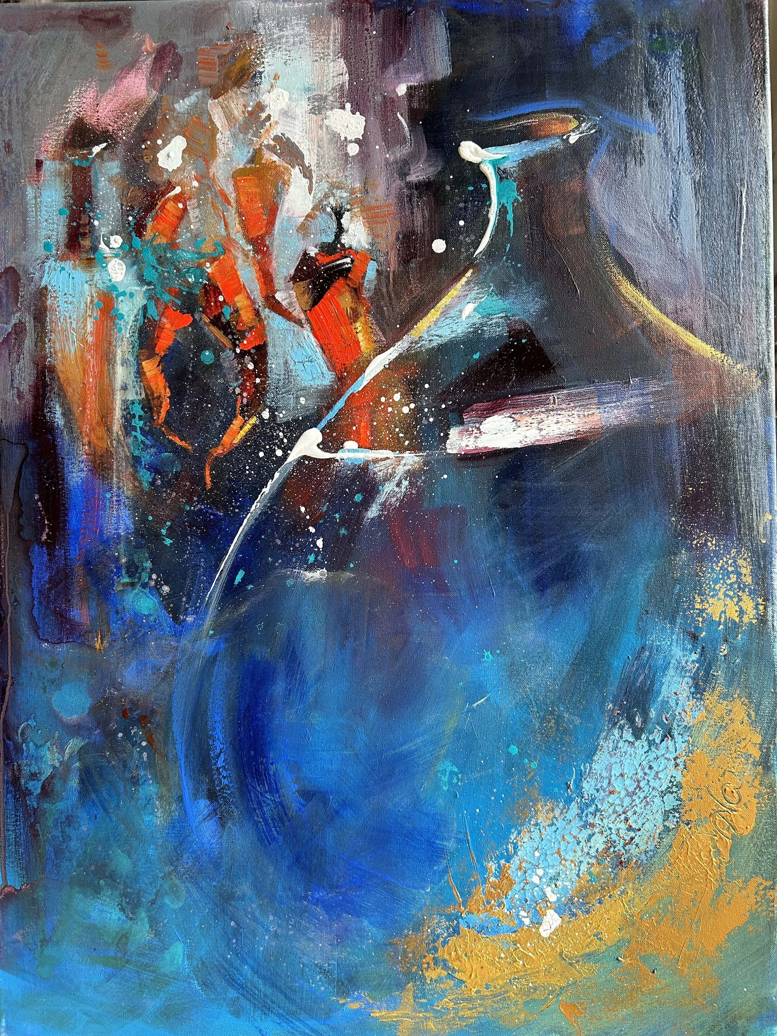 Abstrakt maleri med blå, orange, sort og hvid farve.