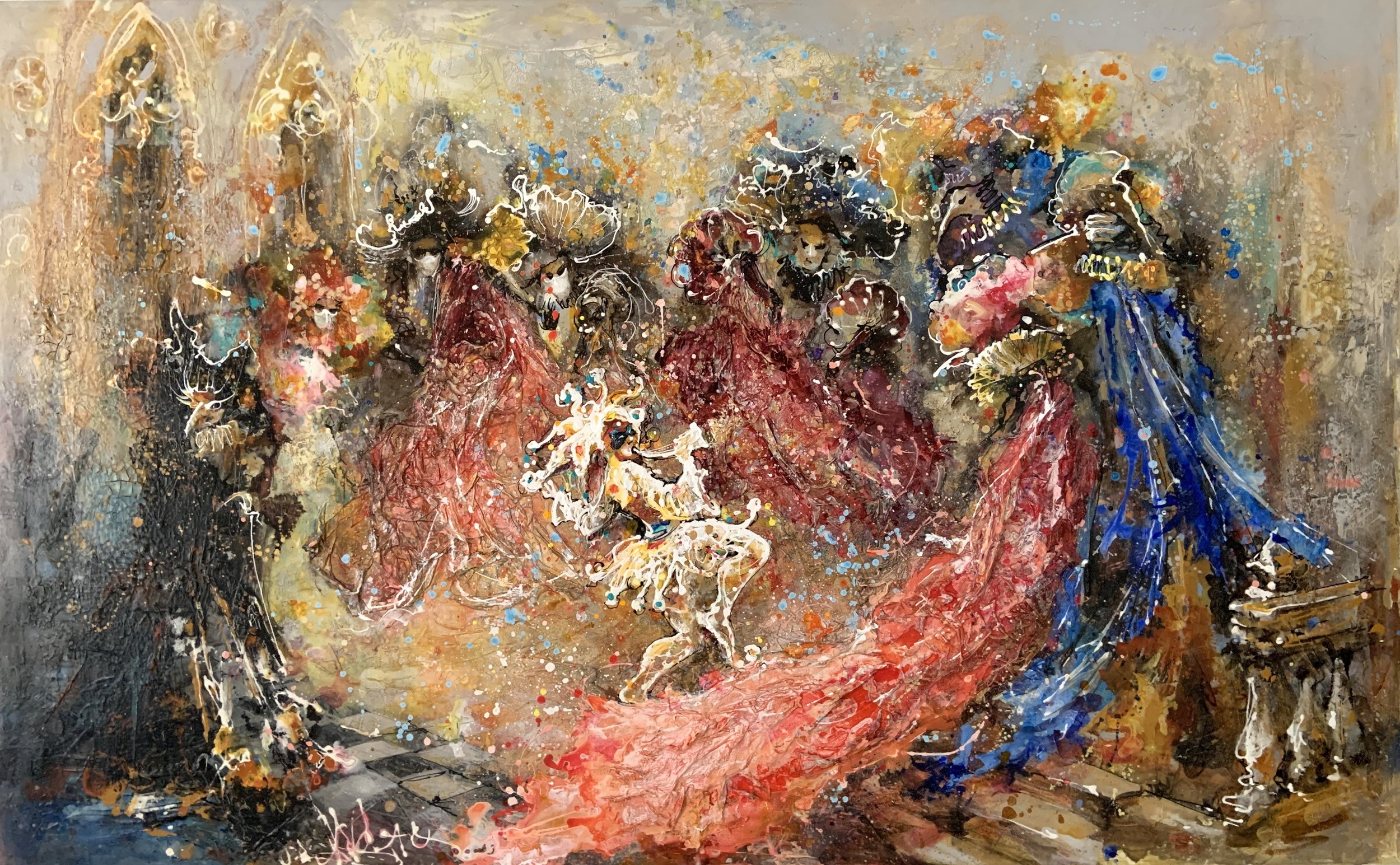 Venice Carnival
80 x 200

Colorful abstract painting of dancing costumes and musicians, focusing on movement and colors.