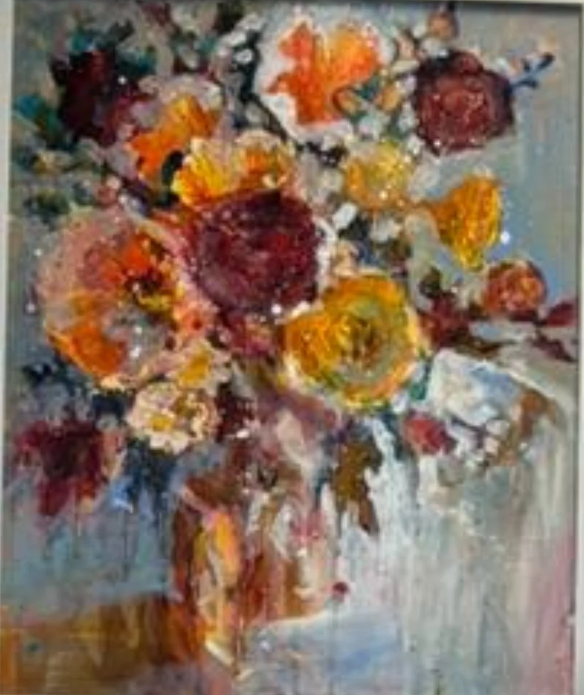 Colorful abstract painting of a bouquet of flowers in warm tones of orange, red, and yellow with hints of green and white.