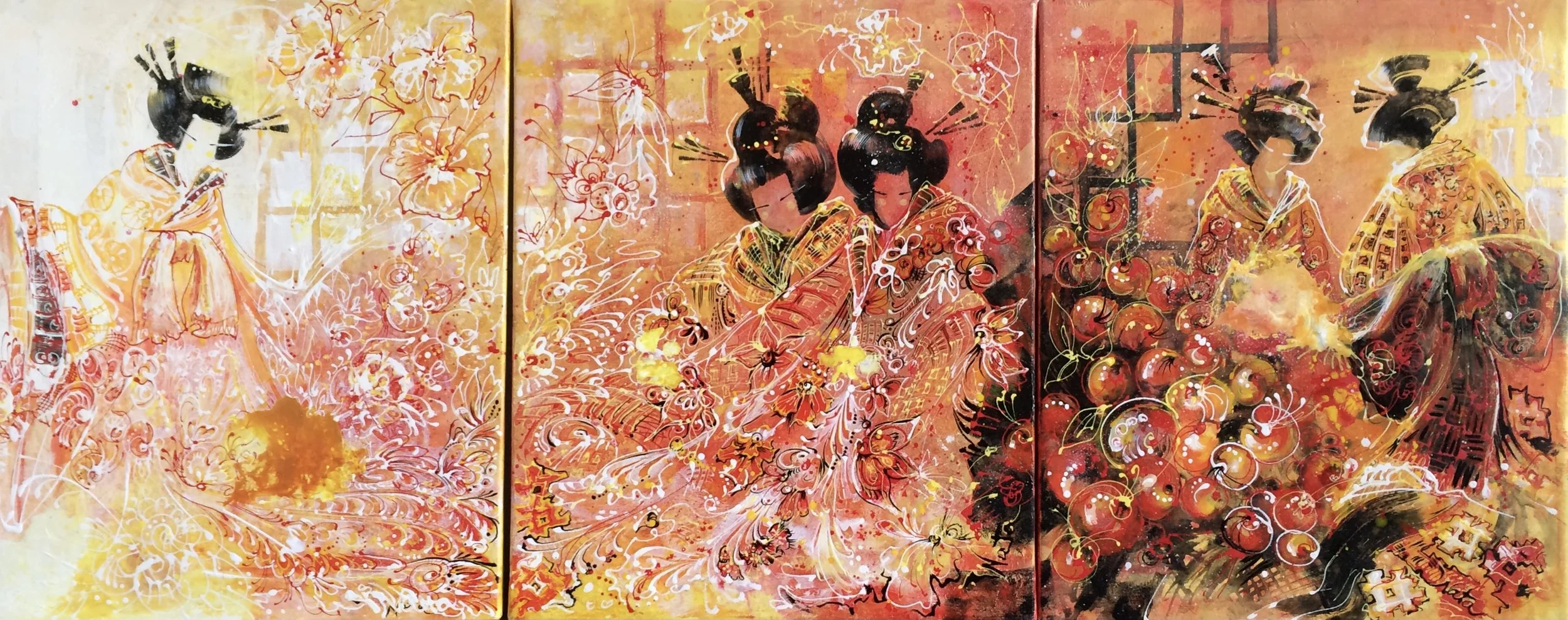 Geisha
3 x 60x50


Abstract artwork featuring geishas, flowers, and scenery in shades of orange, yellow, and black.