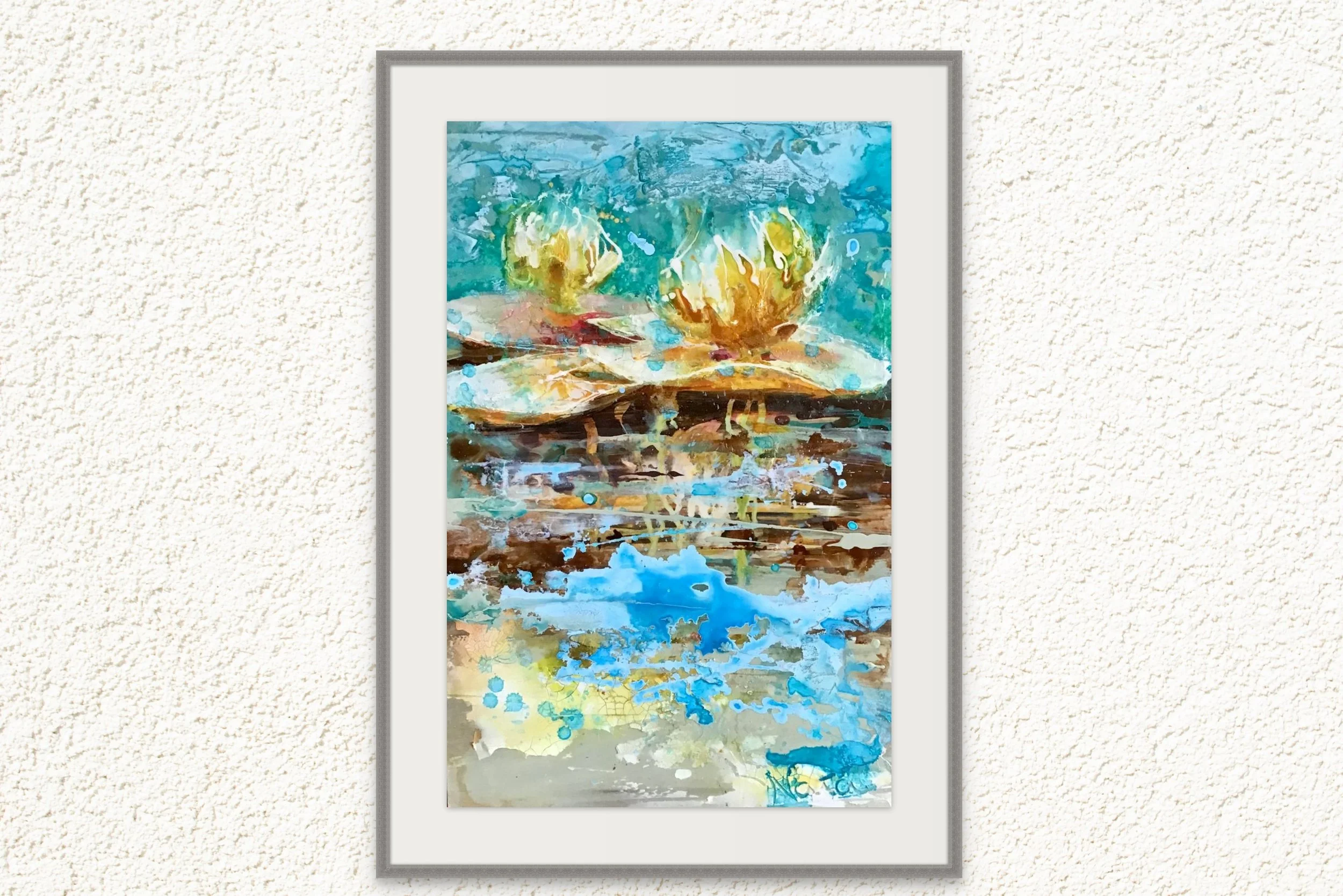An abstract watercolor painting of water lilies with blue, green, and brown tones, reflecting on water.