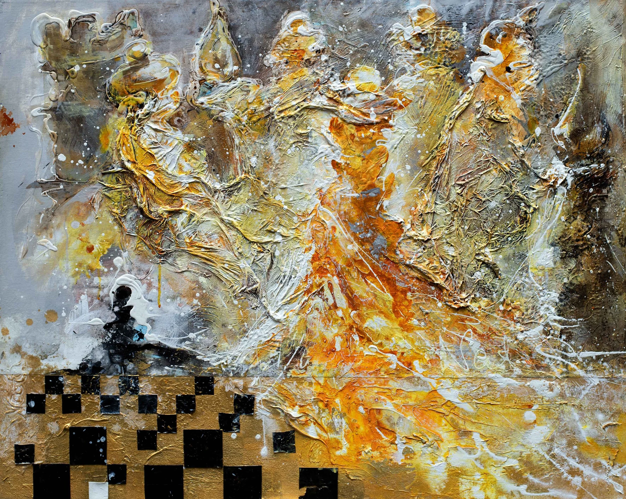 Behind the Mirror 
80 x 100

Abstract textured painting with swirling yellow, orange, gold, white, and black colors and a black and gold checkerboard pattern in the lower left corner.