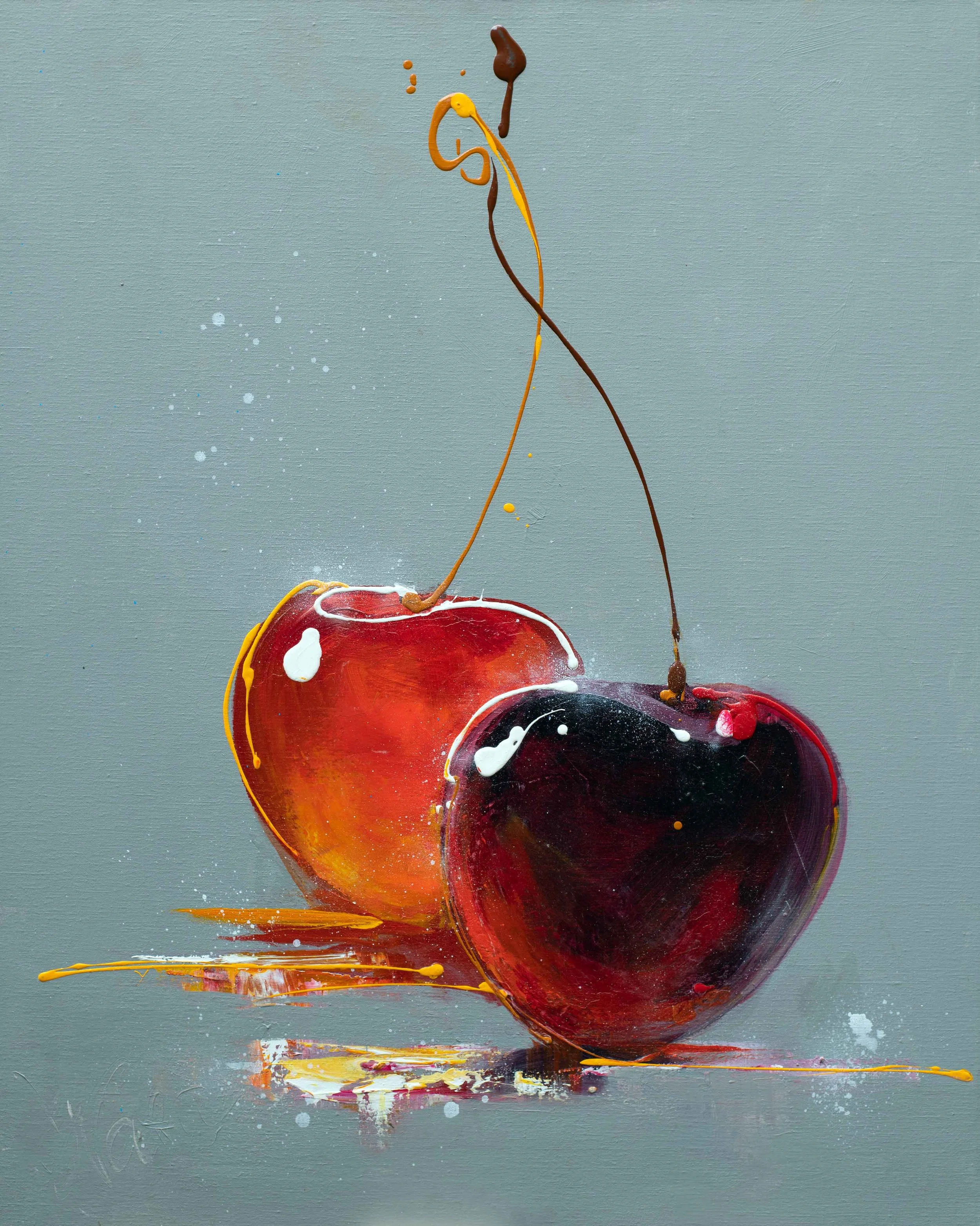 Luscious
100 x 80  

Abstract painting of two cherries with splashes of white, yellow, and brown paint on a gray background.
