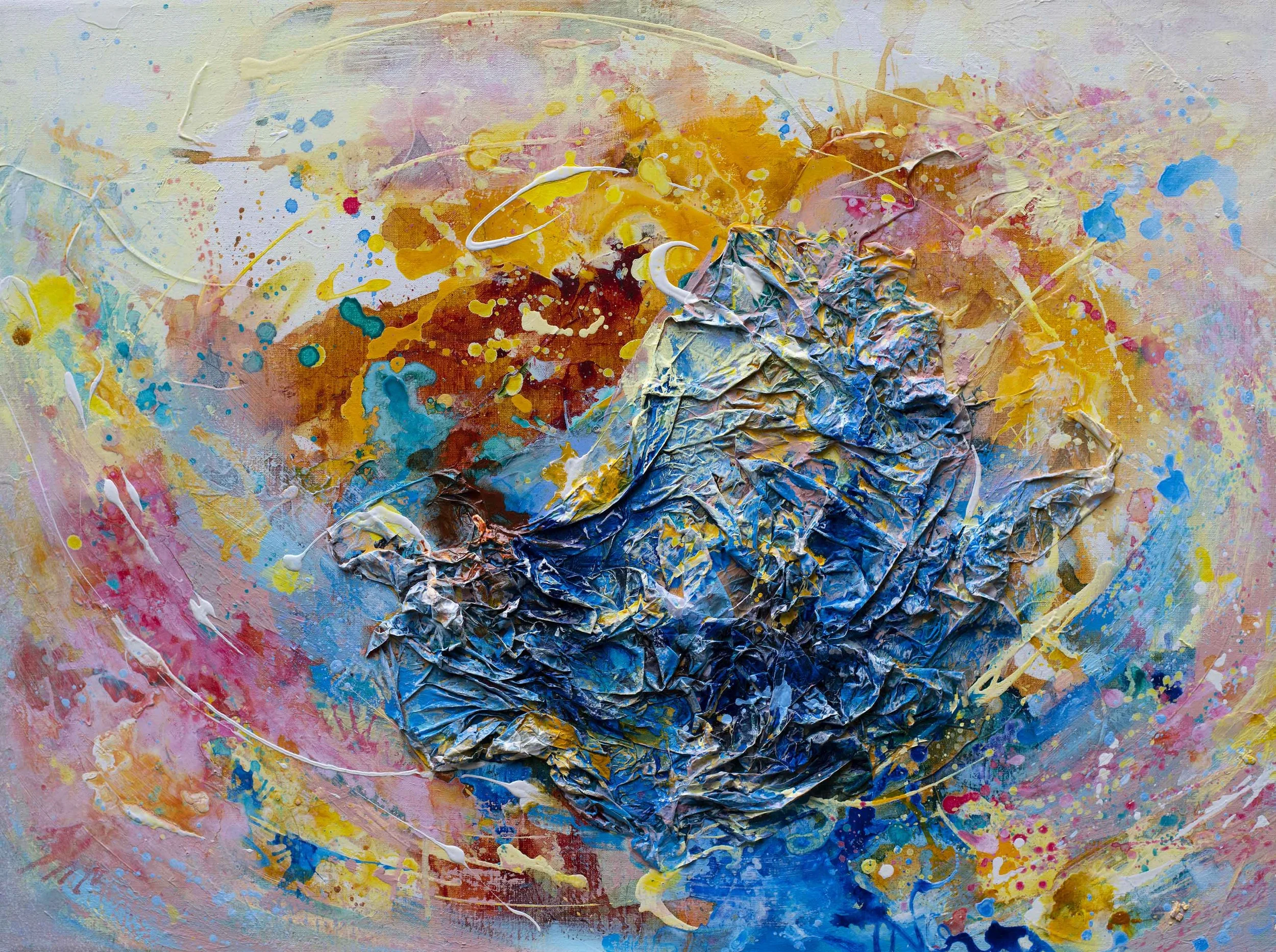 Chaos
60 x 80


Abstract painting with crumpled blue and gray texture at the center, surrounded by splashes of yellow, pink, red, white, and blue colors, creating a vibrant and energetic composition.