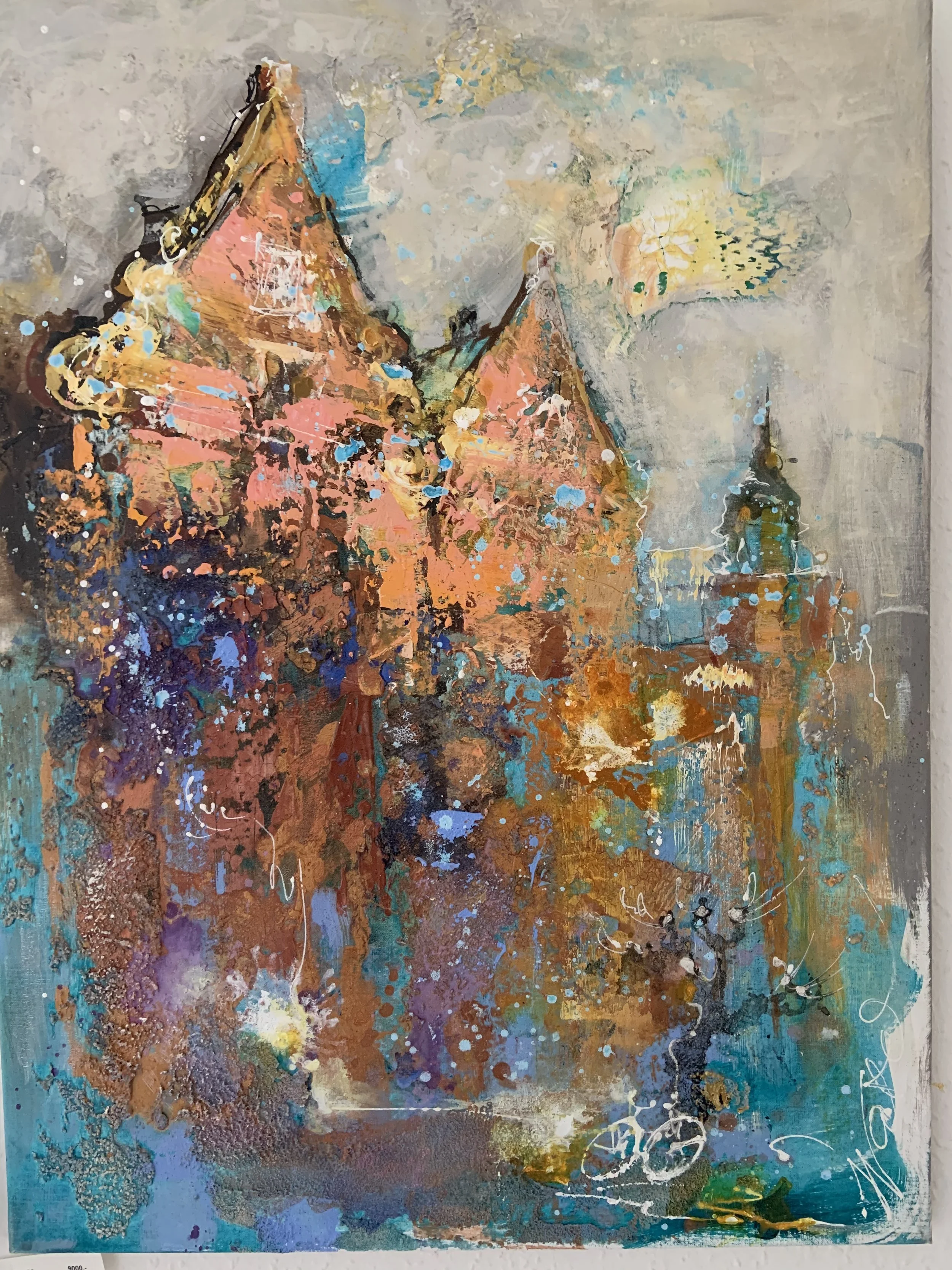 Copenhagen
80 x 60

Abstract painting of a city with church roofs, a tower, and buildings in warm and cool colors.