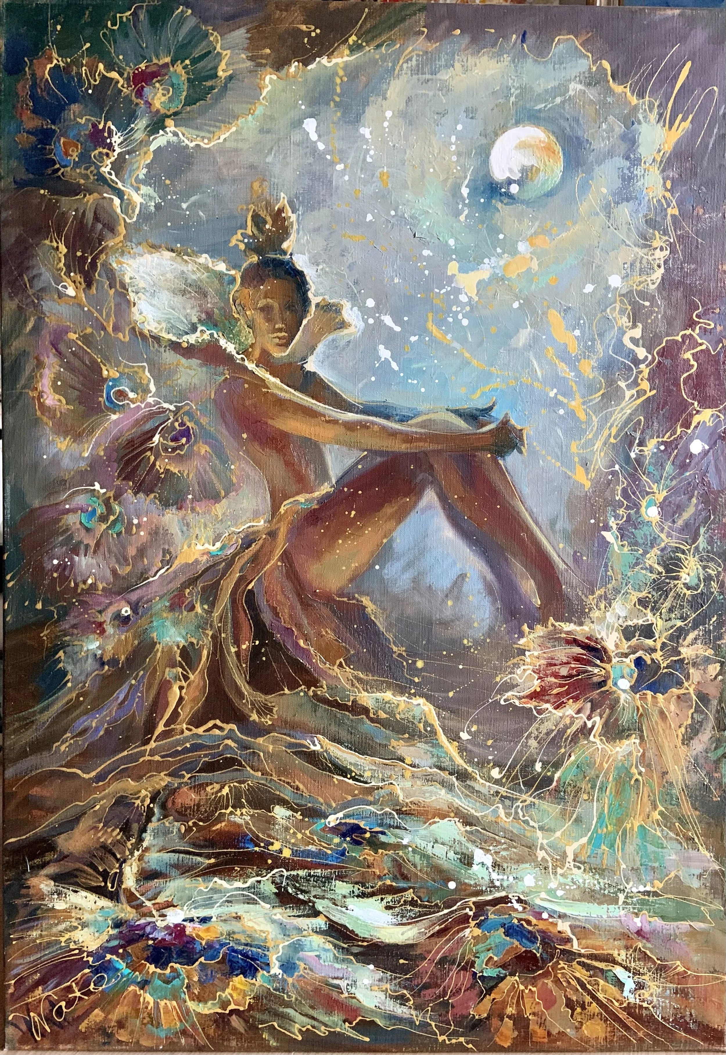 Moonlight
100 x 70

A whimsical painting of a woman sitting cross-legged on an abstract, colorful background with an open sky and moon. Flowing elements and flowers are incorporated into the artwork.