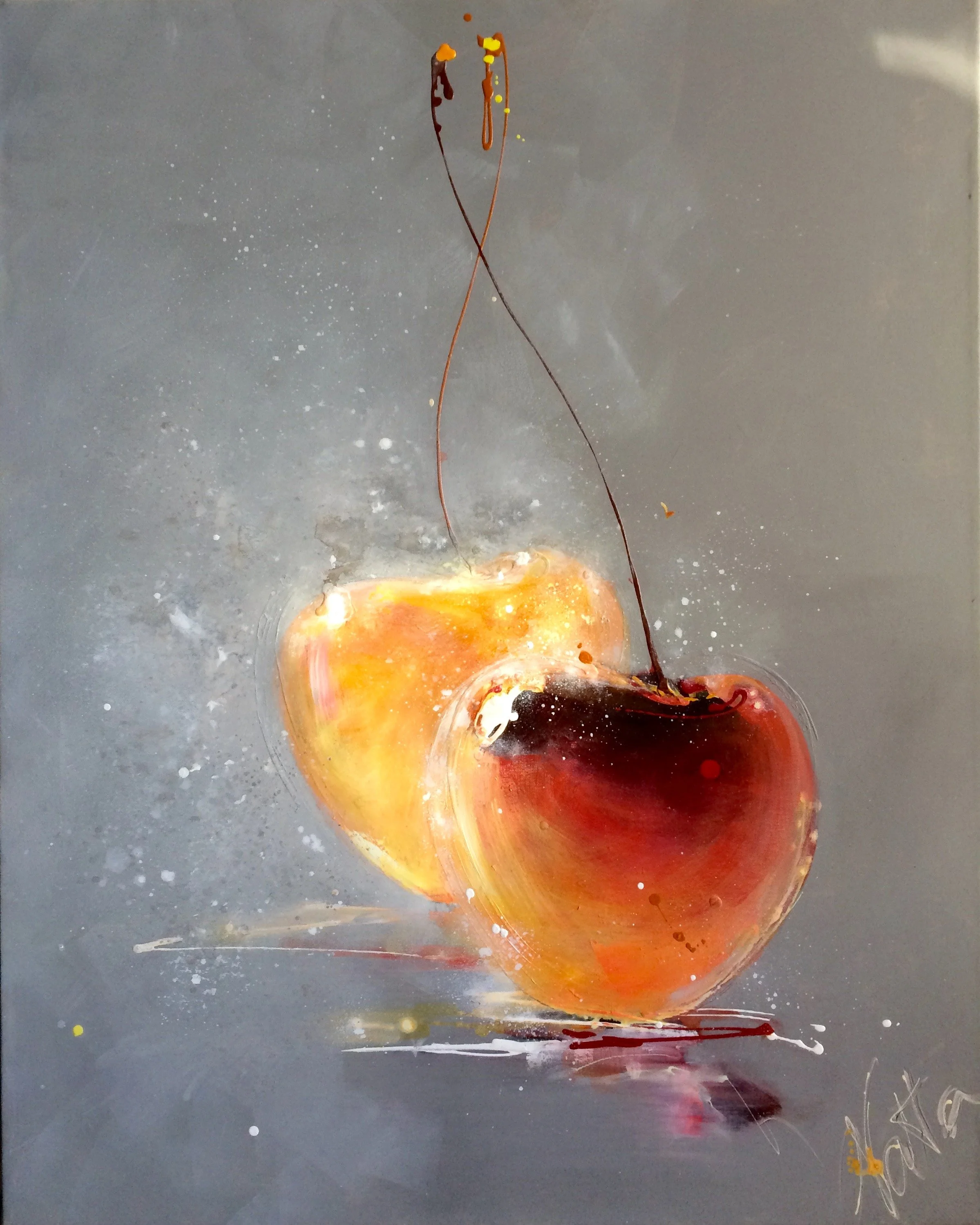 Intensity 
100 x 80

Two painted cherries, one yellow and one red, on a gray background with abstract horizontal and vertical strokes and splatters.