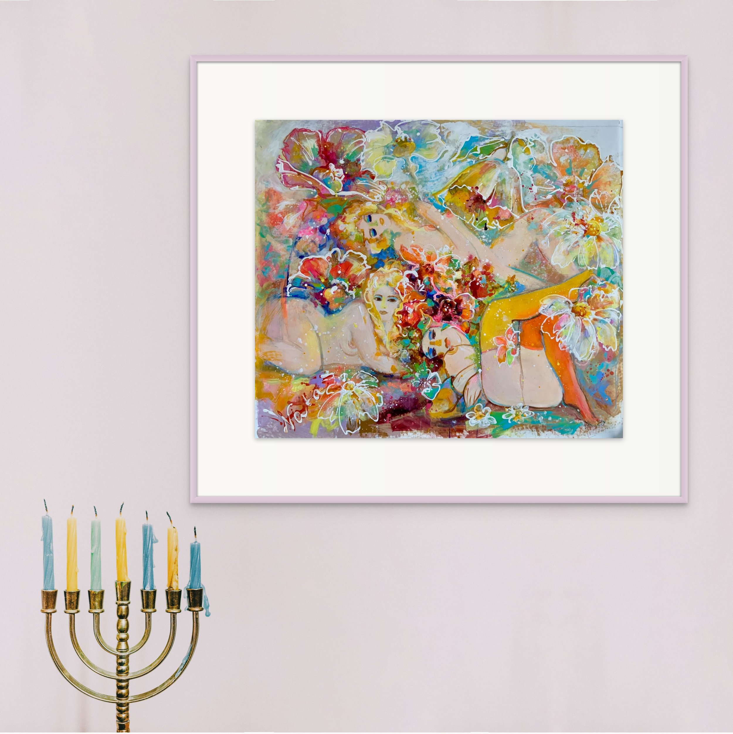 Colorful painting of a reclining woman surrounded by flowers, displayed on a wall with a menorah in the foreground.