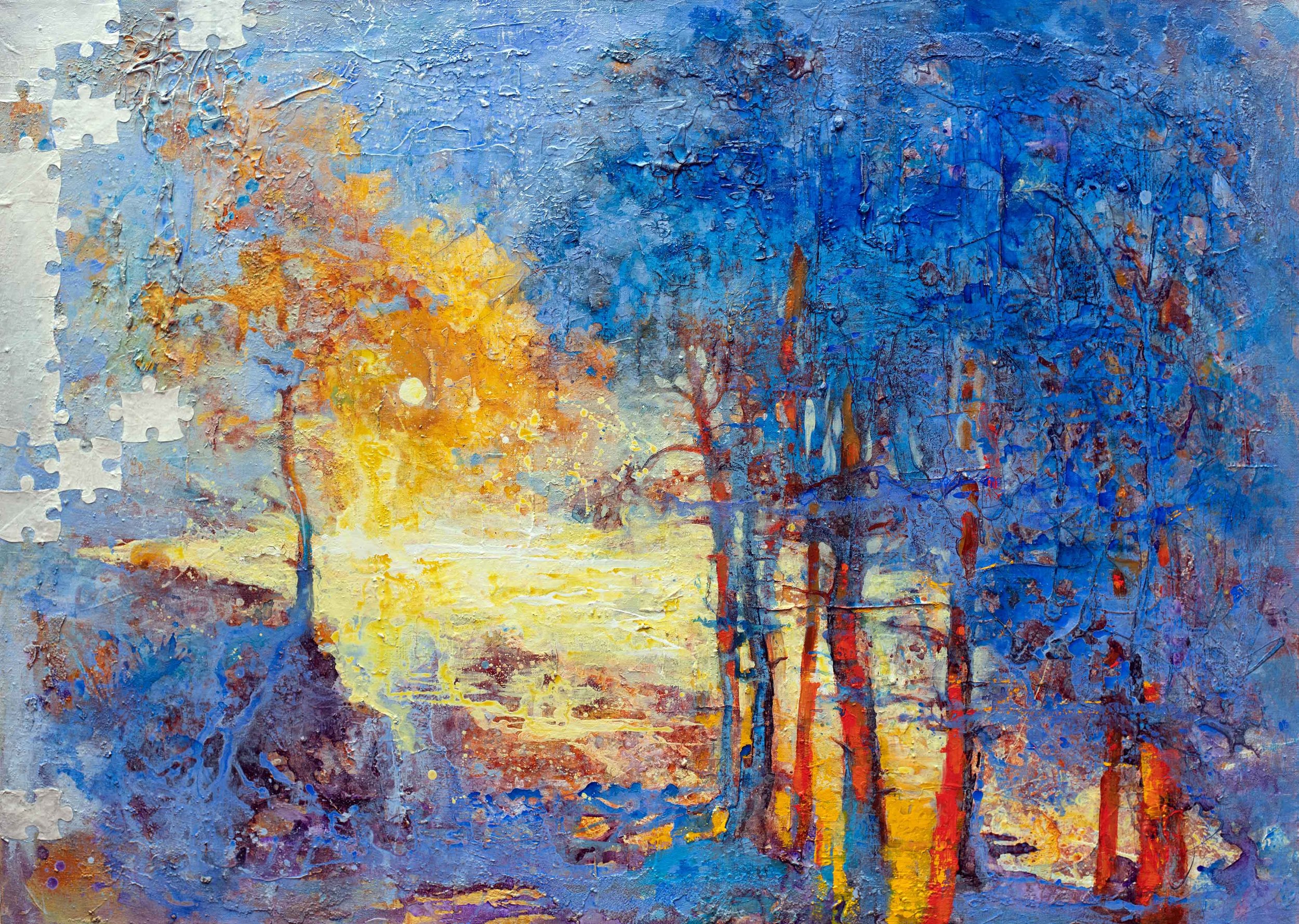 Blue Sunset
100 x 140

Abstract landscape painting depicting trees with colorful foliage, a setting sun, and a textured, vibrant sky in shades of blue, yellow, orange, and purple.