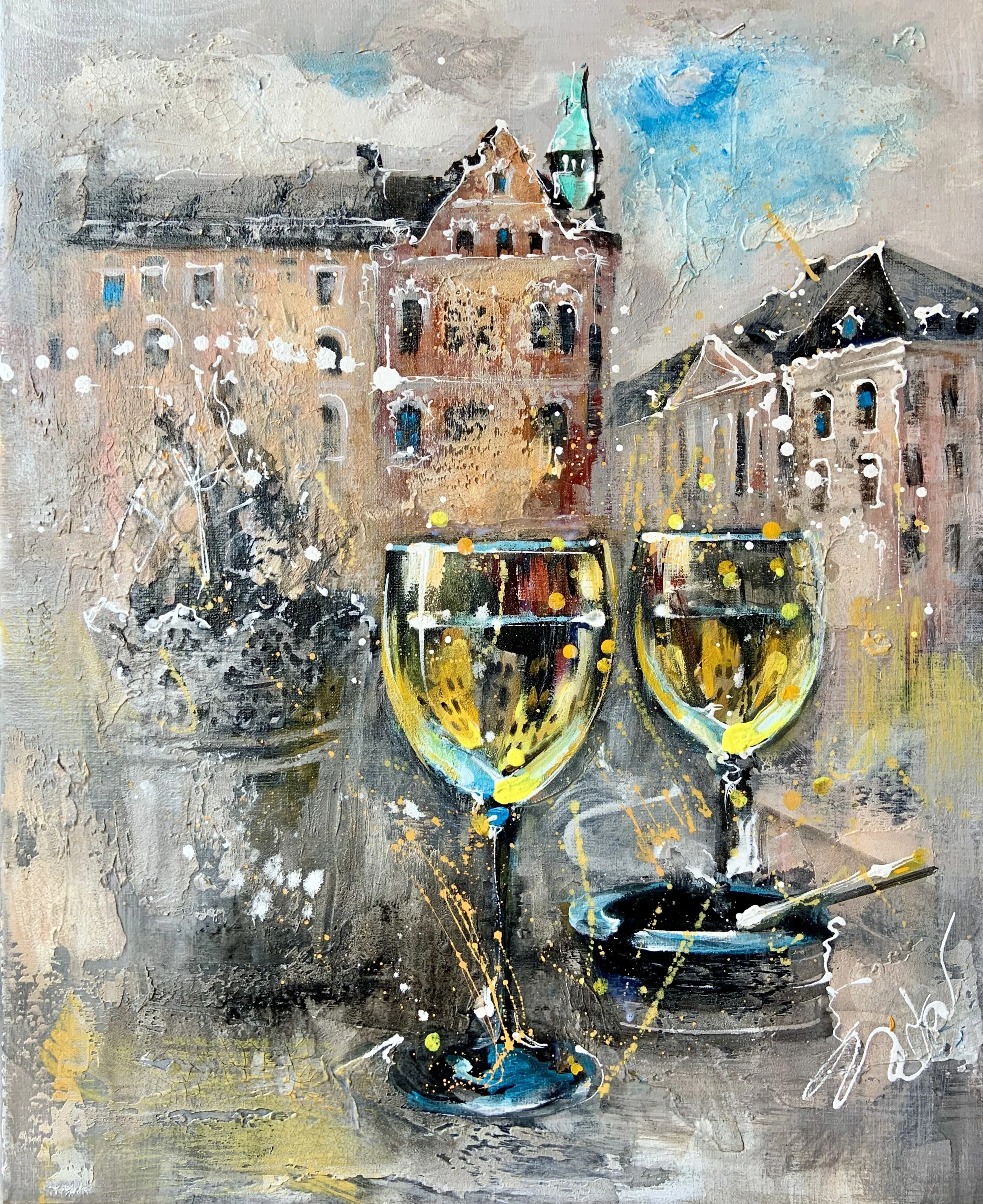 Friday Evening
60 x 50

A painting of two glasses of wine on a table with a background of old buildings under a blue sky.