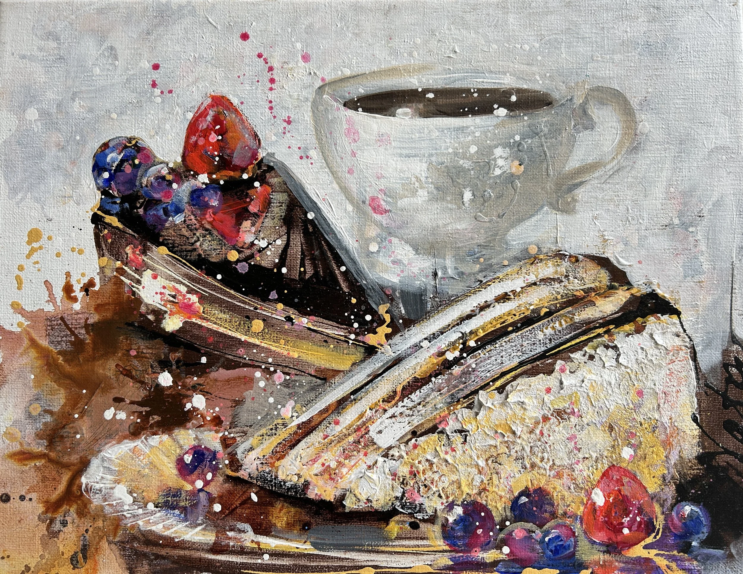 A watercolor painting of a dessert plate with a coffee cup and a slice of cake topped with berries.