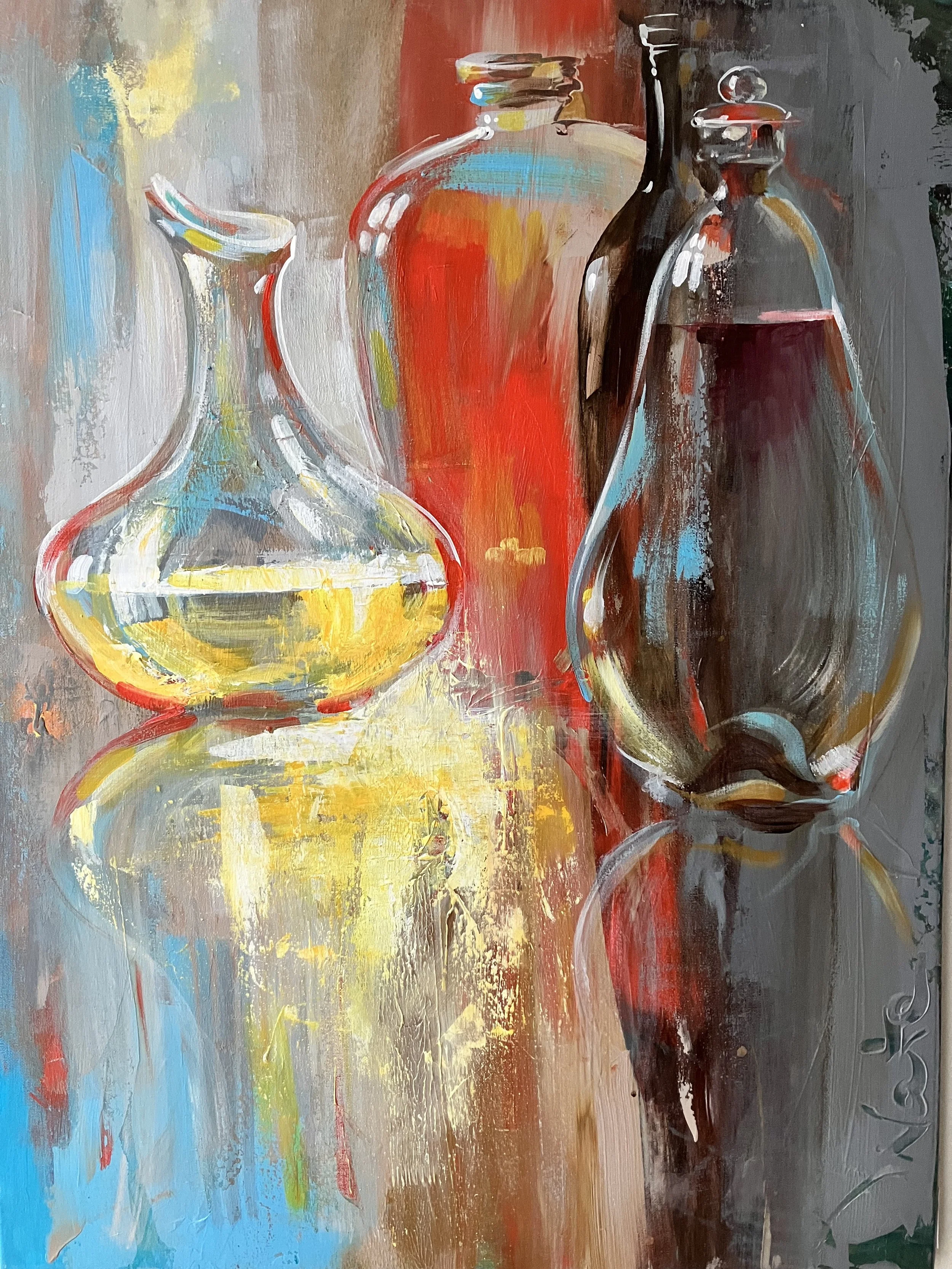 Abstrakt maleri af tre glasvaser med refleksioner og farver i gule, røde, blå og sorte nuancer.