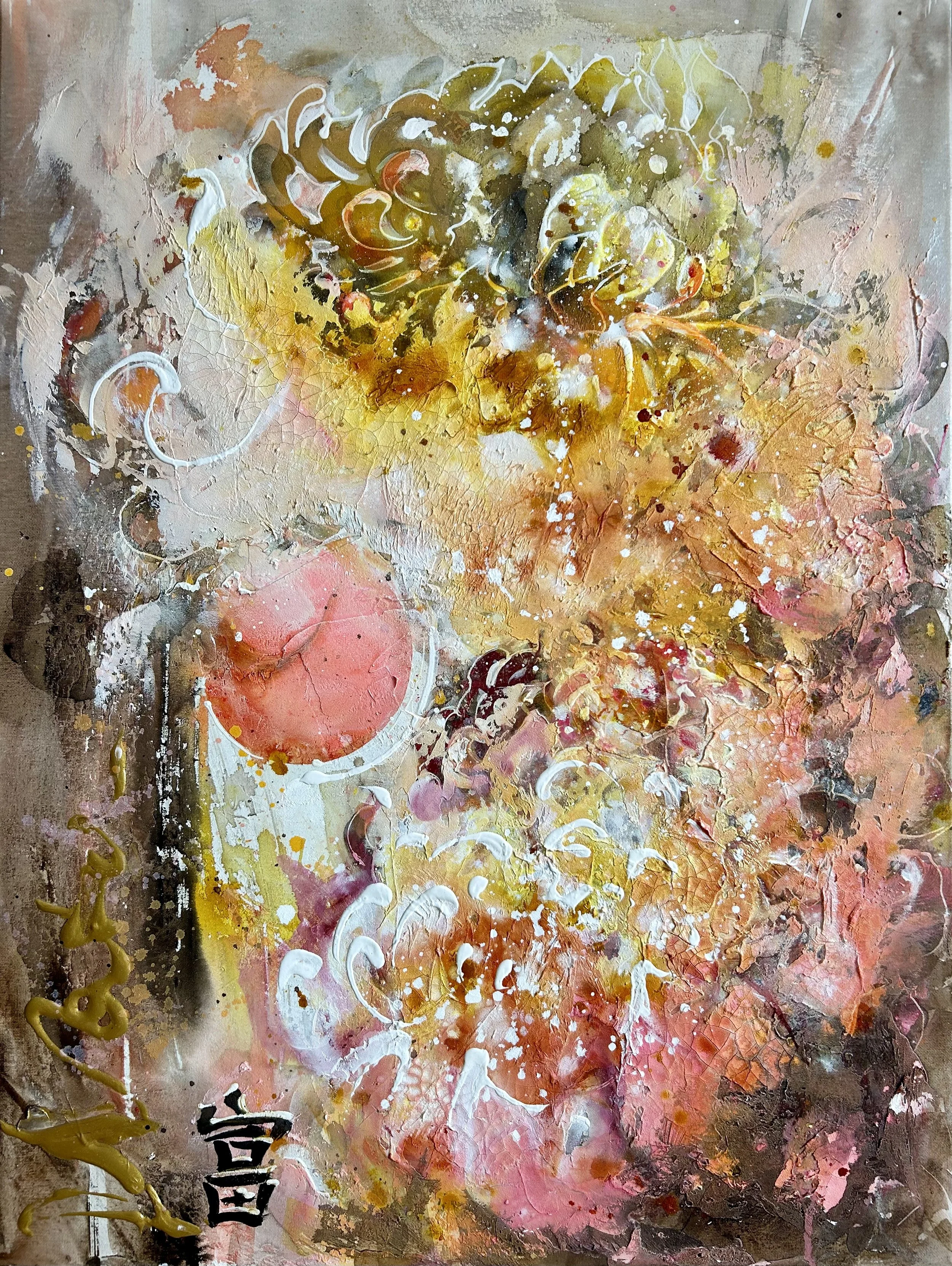 Chrysanthemum Abundance
80 x 60

Abstract painting of flowers in pink, yellow, white, black, and brown colors with cream splatter and texture.