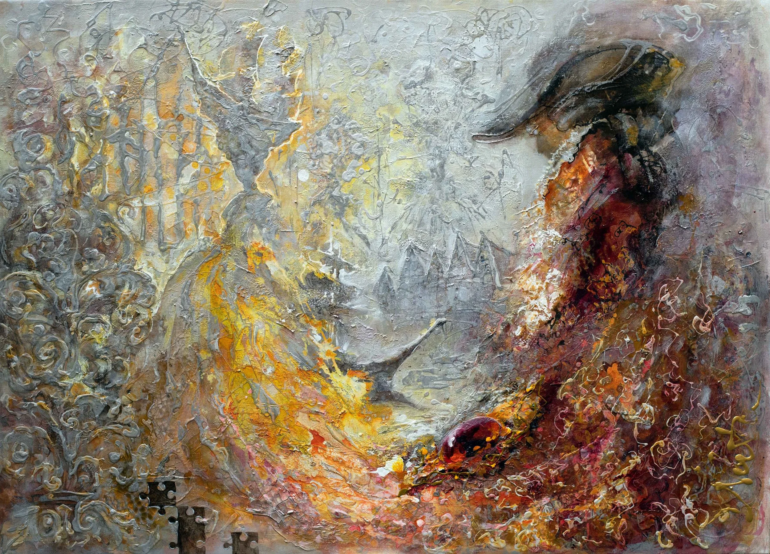 Versailles 
100 x 140

An abstract painting depicting two figures facing each other closely. The figure on the left appears angelic with golden and gray swirling textures, while the figure on the right has darker, fiery reddish and black textures wit
