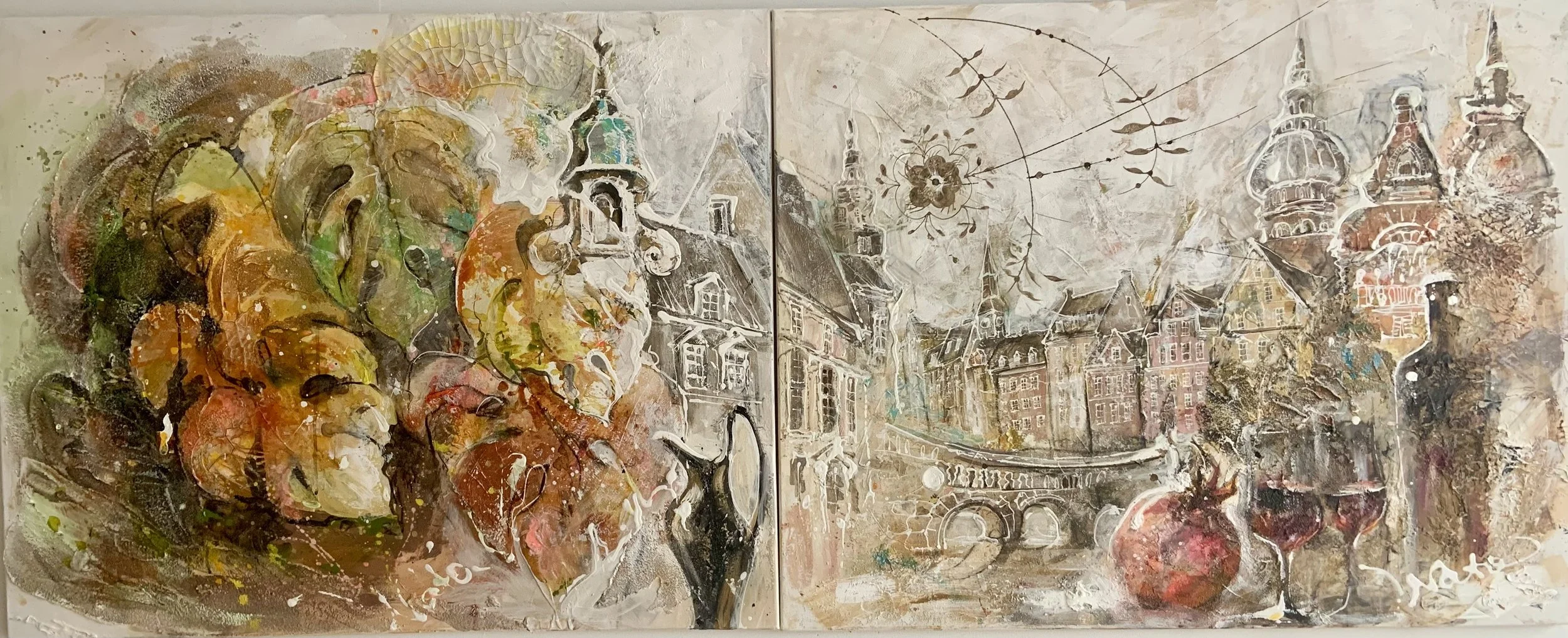 City II
2 x 80 x 100

A painting of Copenhagen with old buildings, a bridge, church towers, and two glasses of wine, set against a textured, abstract background.