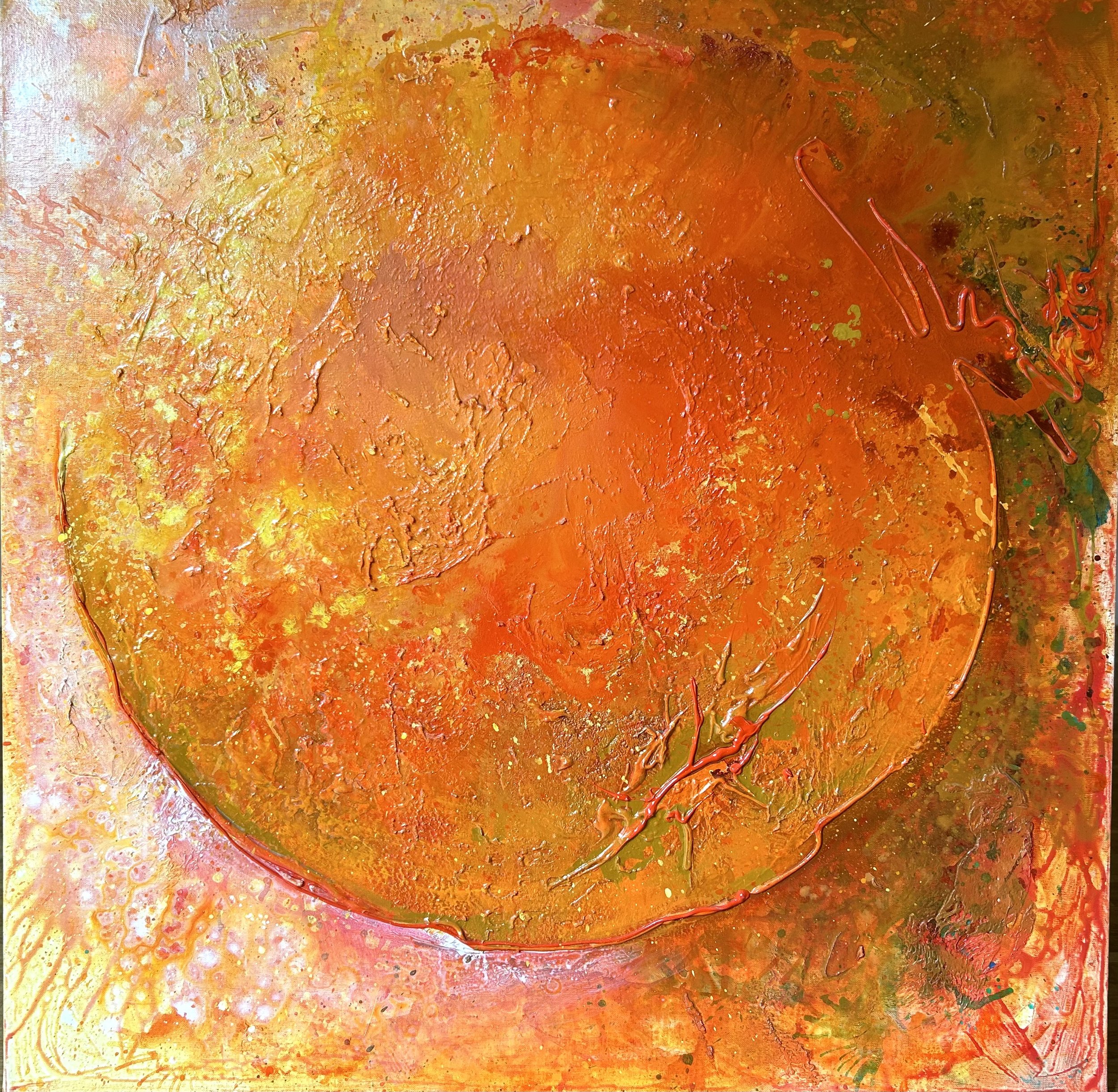 Late Summer Sunset
100 x 100

Abstract artwork in warm colors like orange, yellow, and red, featuring textures and horizontal and vertical strokes.