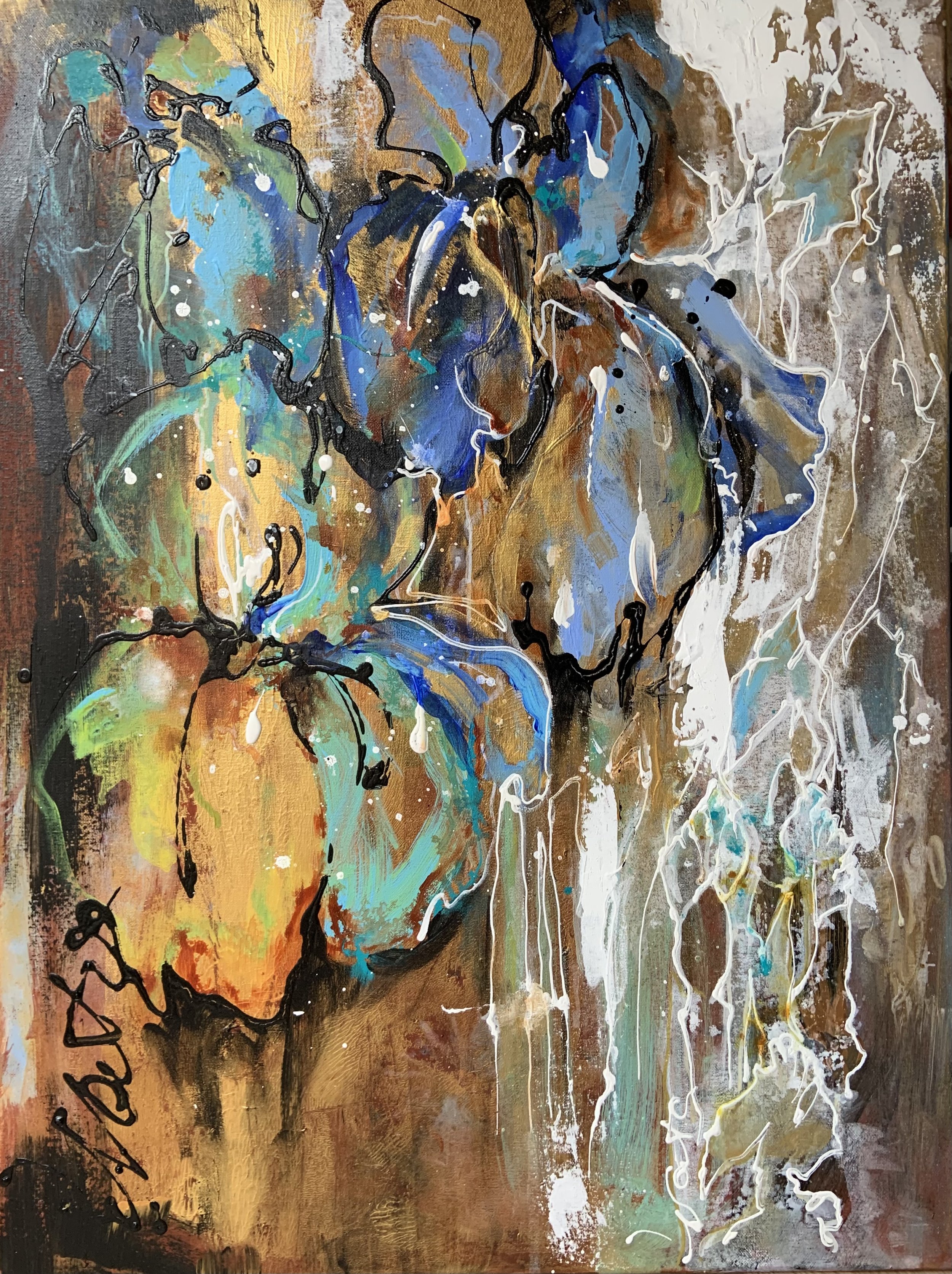 Blue Iris 
80 x 60

Abstract painting with warm and cool colors of iris flowers, black contour lines, and white explosive texture.
