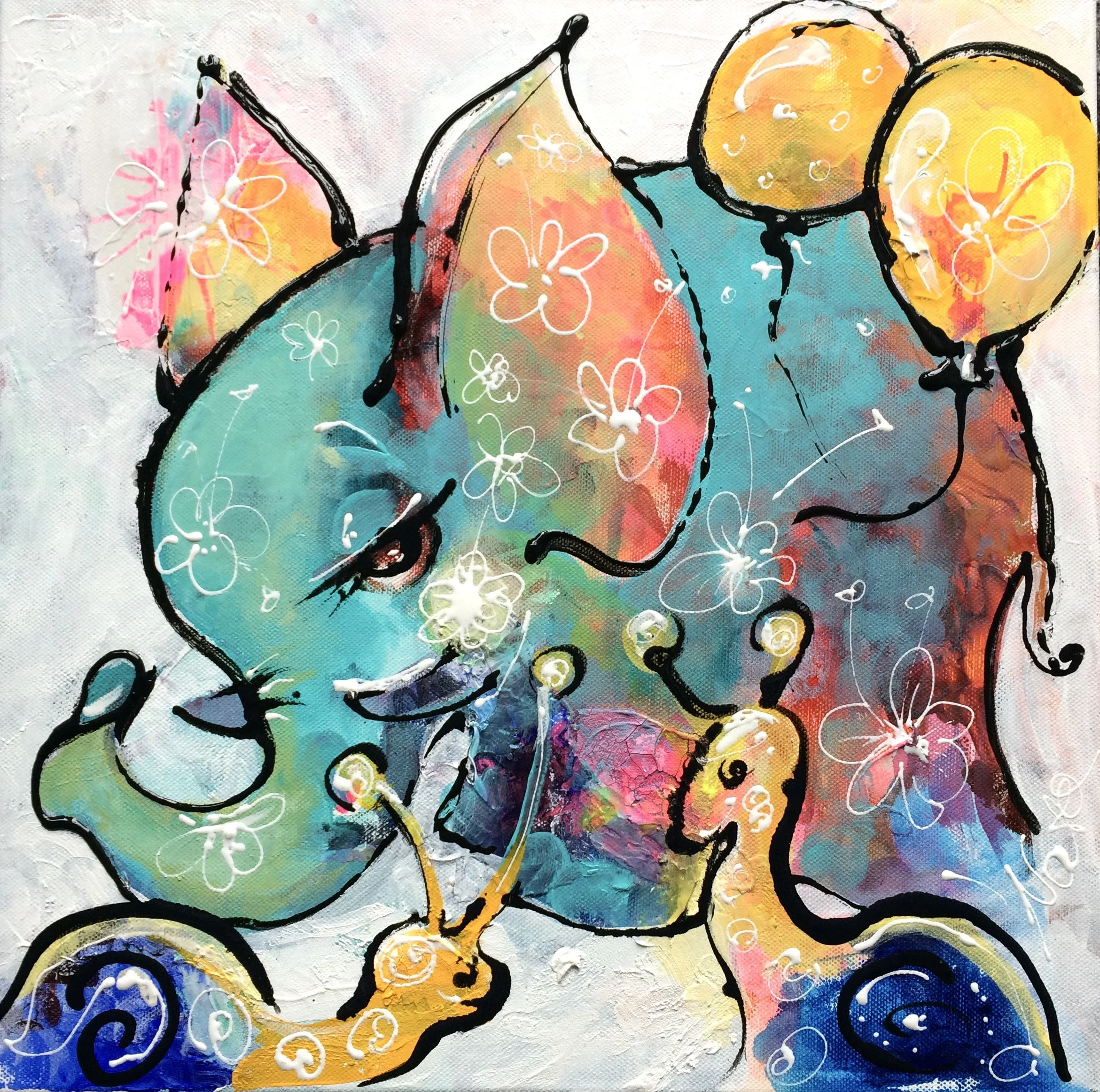 Farverig abstrakt akrylmaleri af en enhjørning, balloner og blomster i en legende stil med sorte konturer og tilfældige hvide blomsterlinjer.