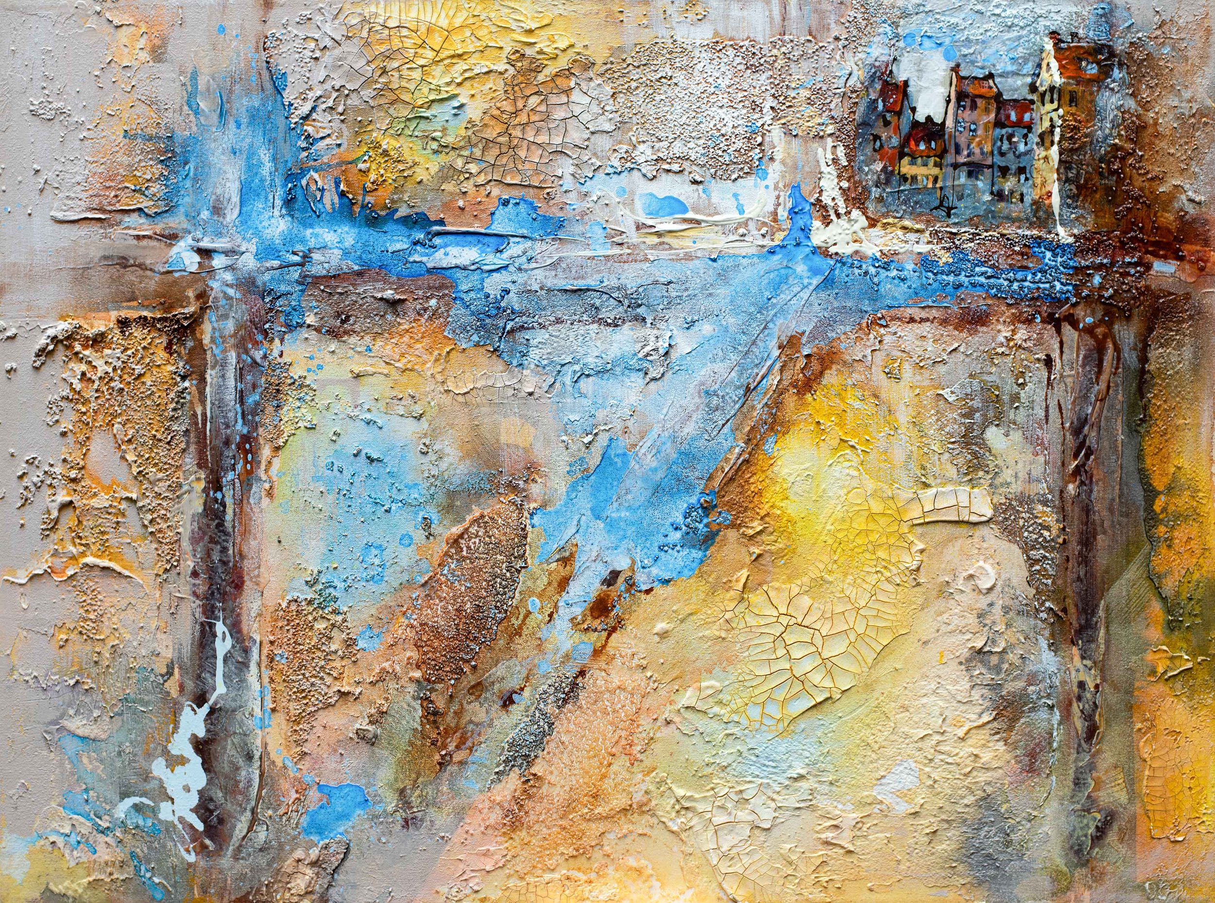 Window
60 x 80

Abstract textured painting of a window with layers of peeling paint in blue, yellow, beige, and brown, depicting a cityscape in the upper right corner.