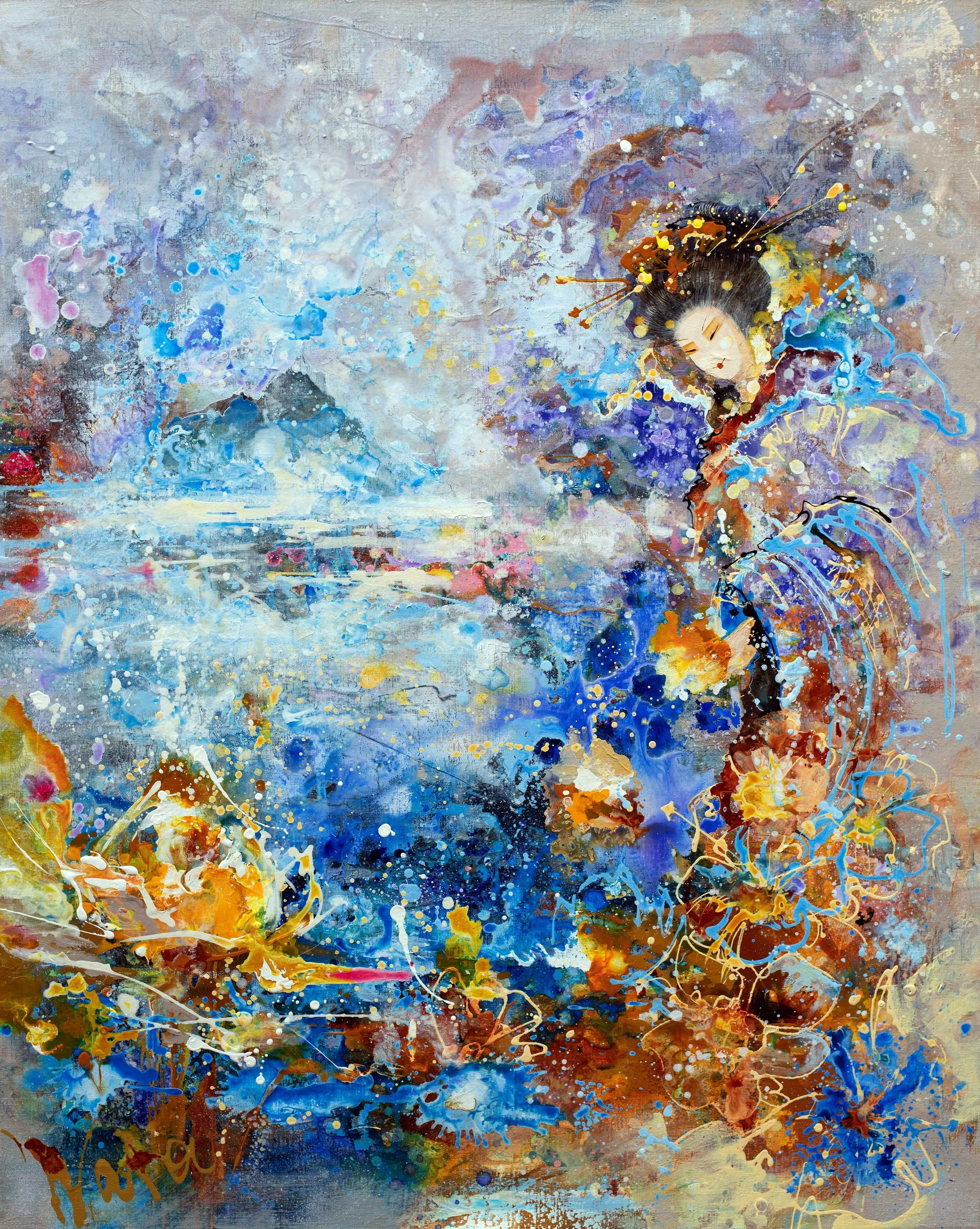 An abstract painting of a geisha with traditional hair ornaments, surrounded by colorful splashes of paint depicting water, flowers, and nature.