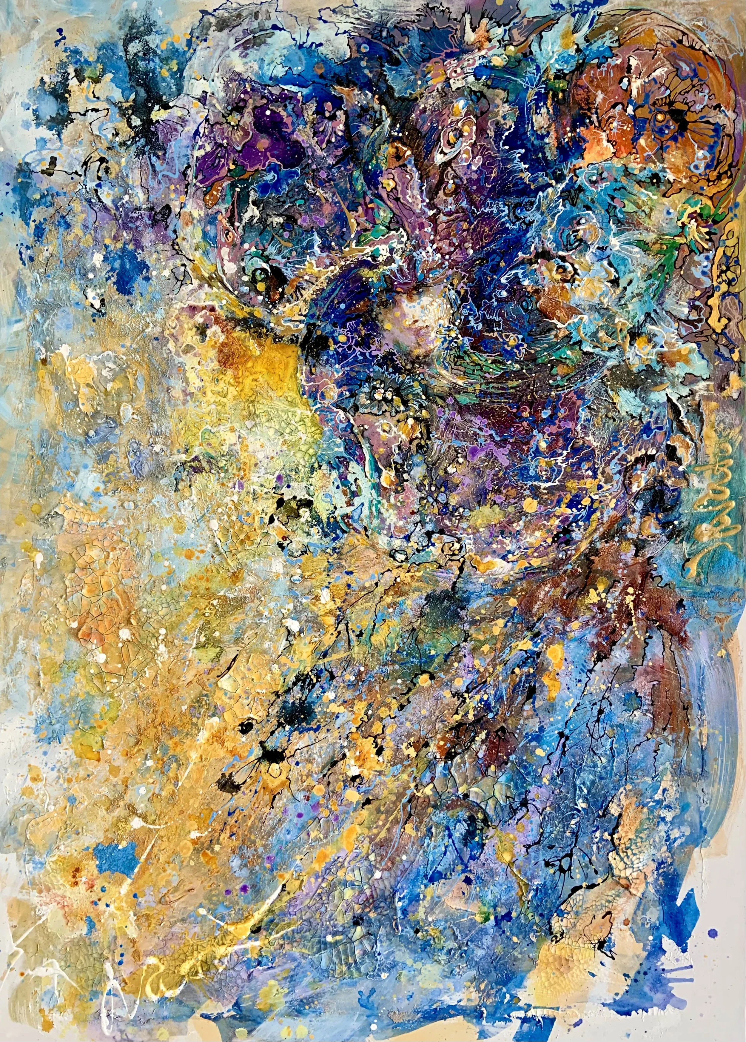 Summer Night
140 x 100

Abstract painting with bold colors such as blue, purple, yellow, orange, and black, featuring fluid shapes, splashes, and texture.