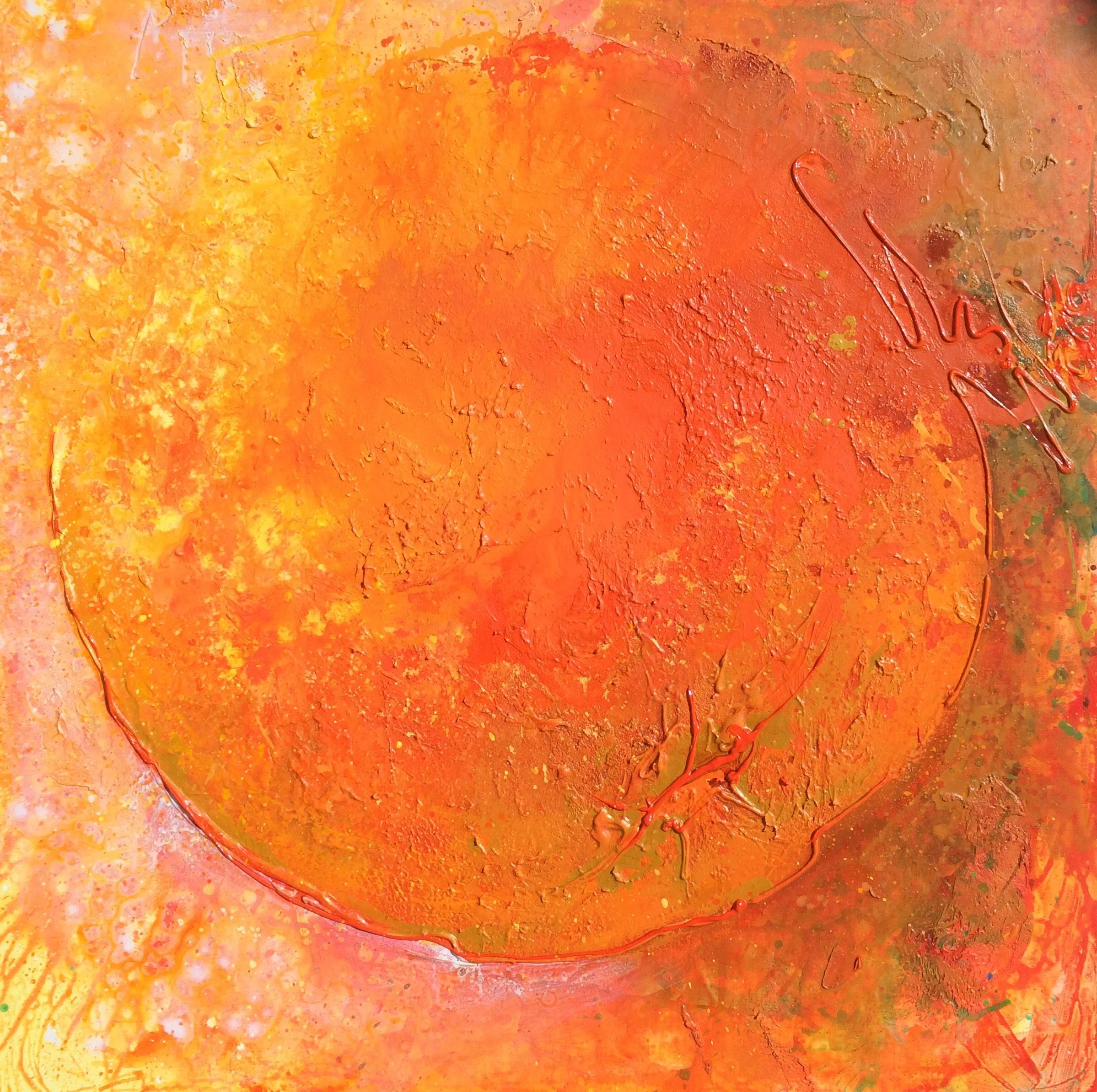 Close-up of an abstract orange and yellow textured painting with the signature 'Joanna' in the top right corner.