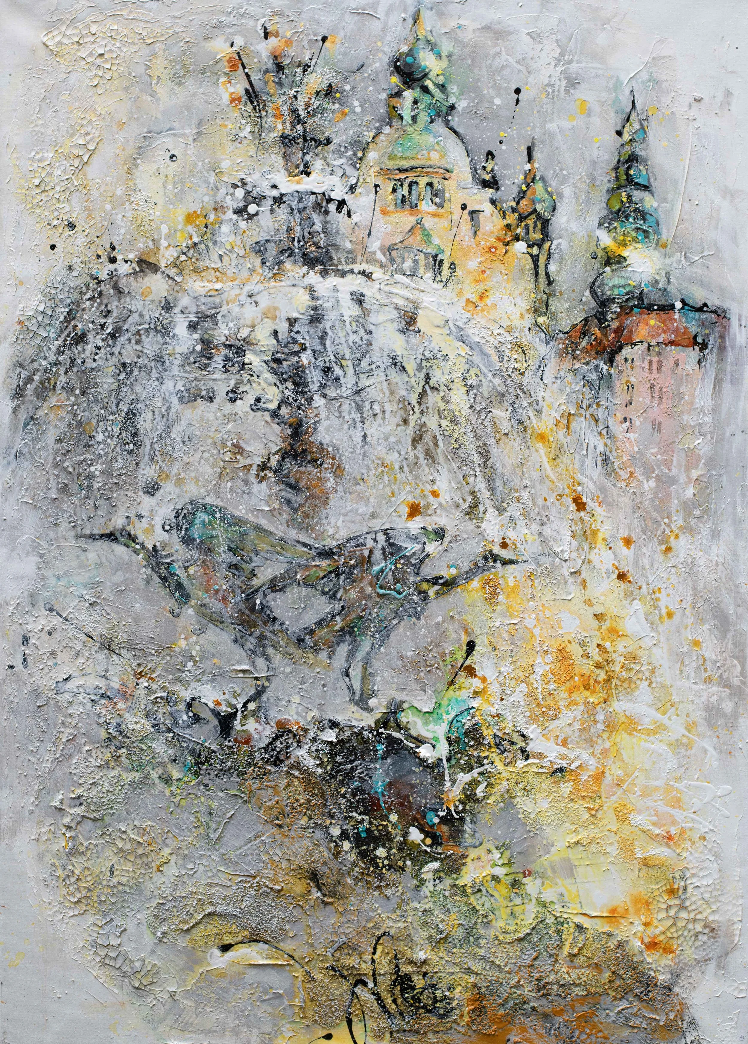 Abstract painting of a cityscape with domed towers and church spires, using textured and layered paint in pastel colors with touches of black, white, and metallic accents.