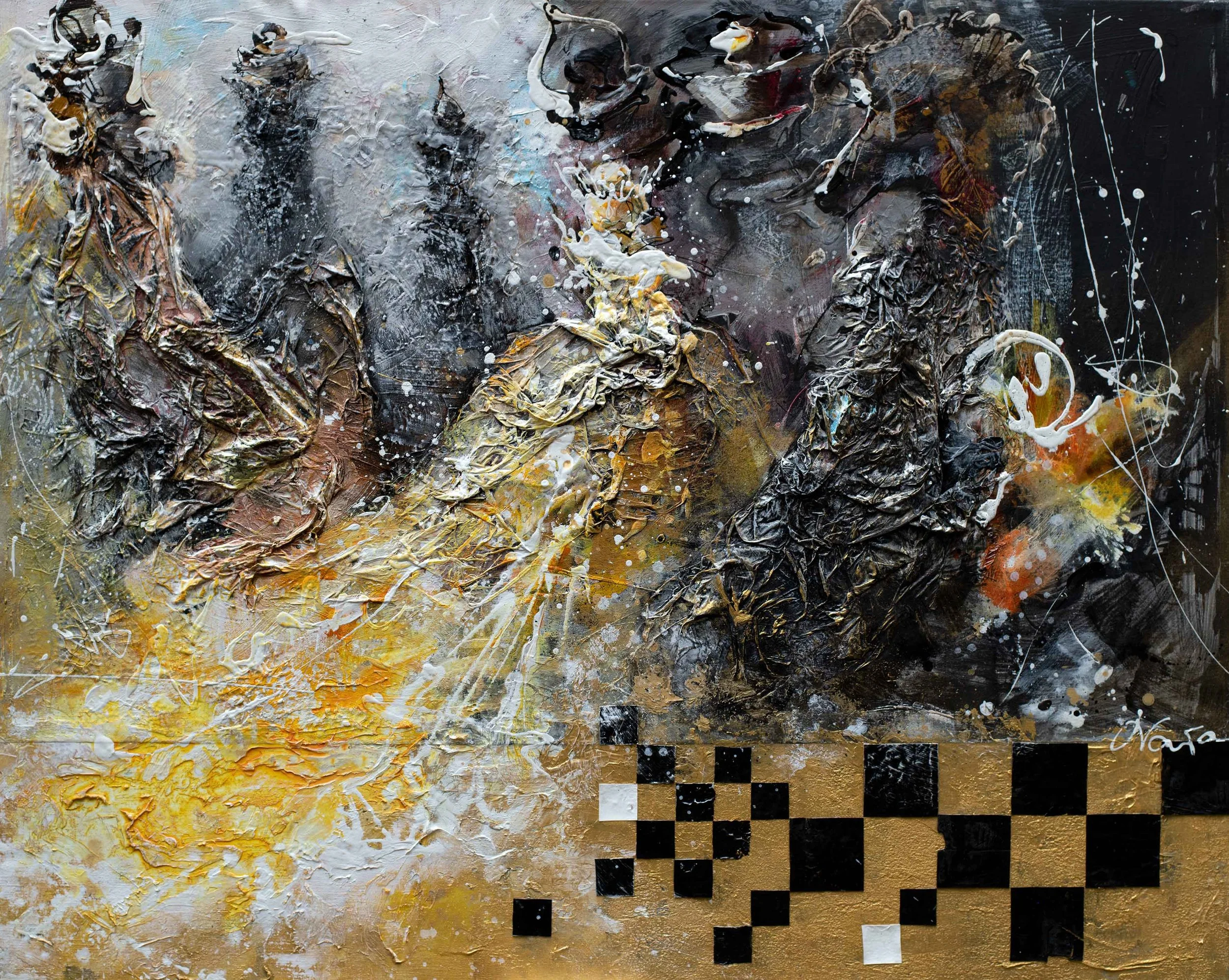 Behind the Mirror 
80 x 100

Abstract textured painting with dark, metallic, and earthy colors, featuring thick, crinkled paint strokes and splashes, with a black and gold checkerboard pattern at the bottom.