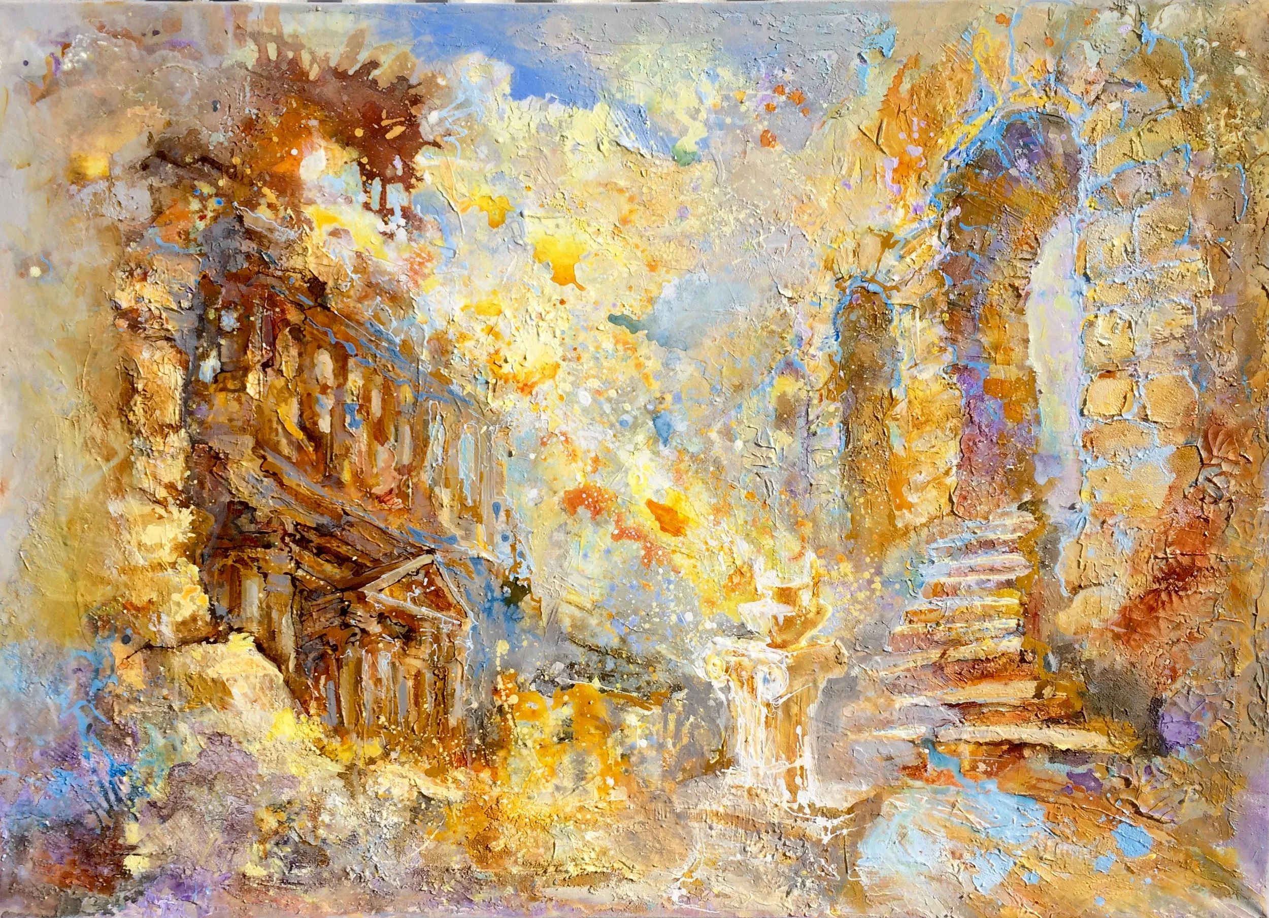 Antique
100 x 120

A colorful impressionistic painting of a Greek bridge over a river, with stone steps on the right side and a house on the left, surrounded by trees and a bright sky.