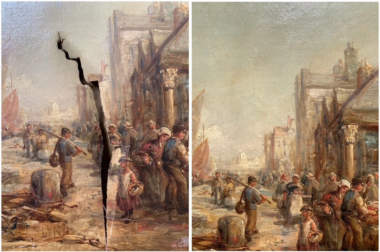 A side-by-side comparison of a damaged and restored painting. The left image shows a large crack and missing section, while the right image shows the same scene restored.