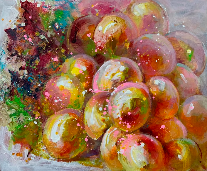 Close-up of an abstract painting of a bunch of grapes with pink, yellow, and green hues, with splashes of white and dark colors.
