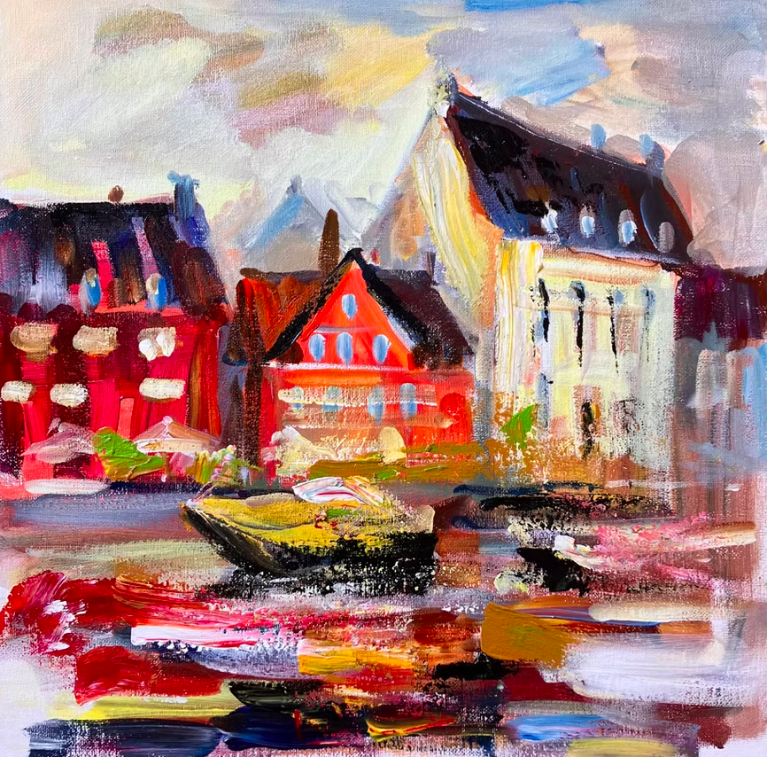 Abstract impressionist painting of a cityscape with colorful buildings along a waterway.