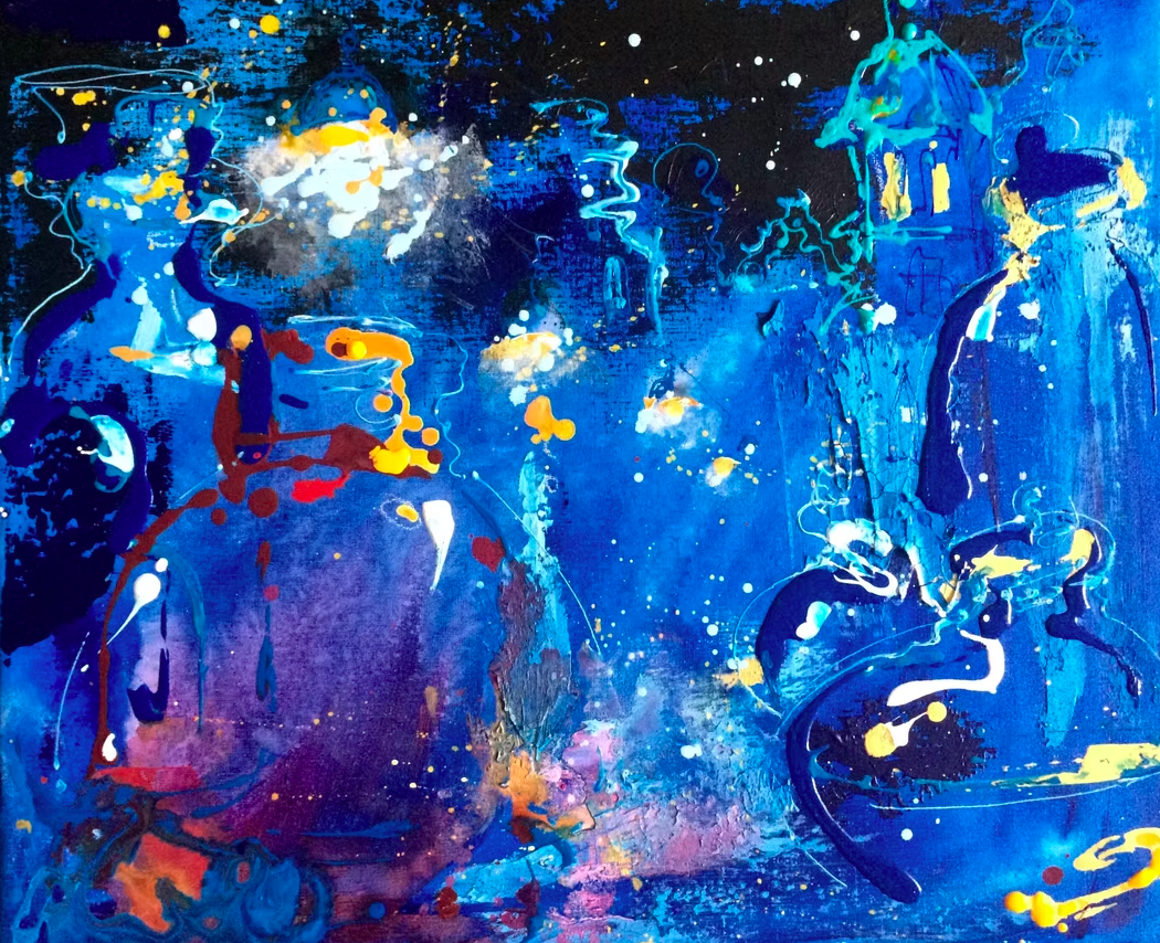 Abstract painting with a dark blue background featuring splashes of white, yellow, and red, and faint outlines of figures and structures.