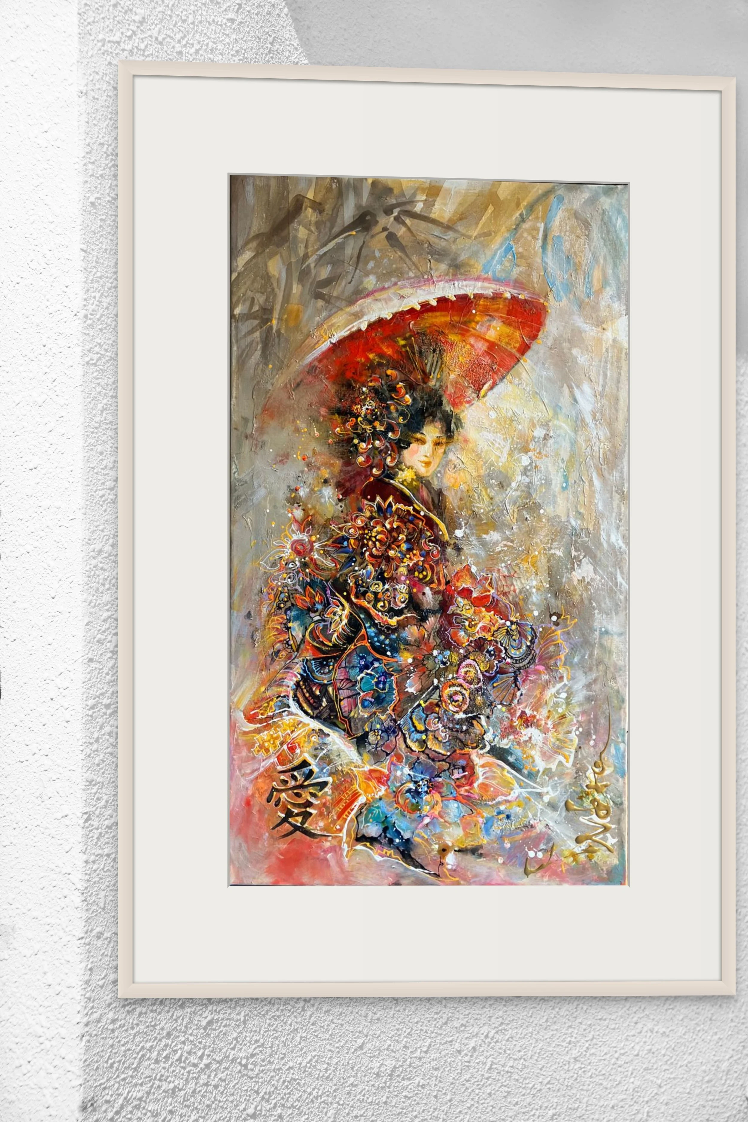 Colorful painting of a woman wearing a traditional Asian kimono with intricate patterns, holding a parasol, with Asian characters and symbols in the background.