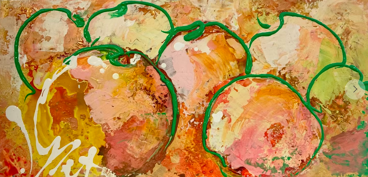 Abstract painting of three hearts with a colorful background, with green and white lines outlining the hearts.