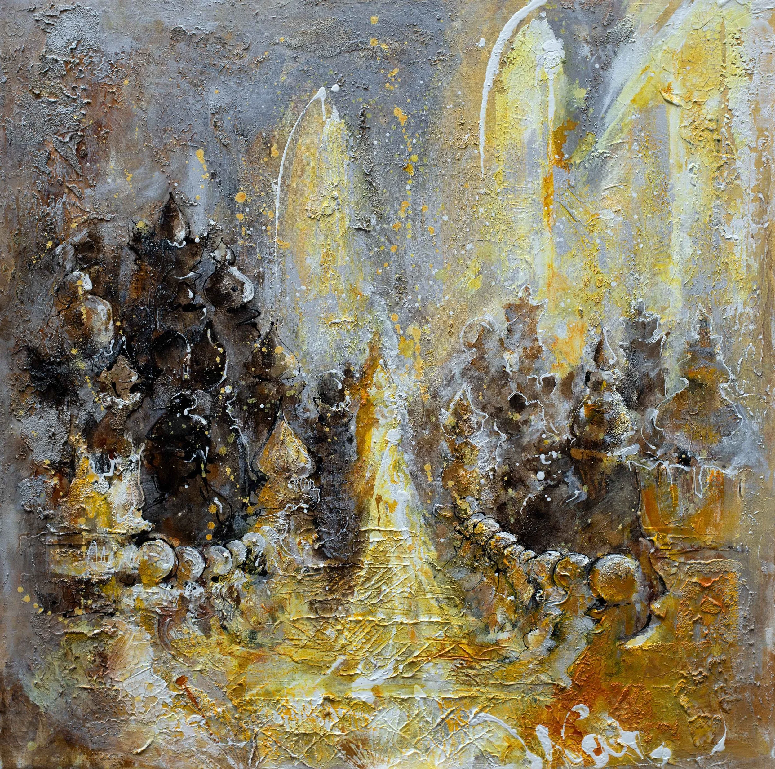 The Cathedral 
100 x 100

An abstract painting with textured layers in brown, yellow, white, gray, and black, featuring organic shapes and bold brushstrokes.