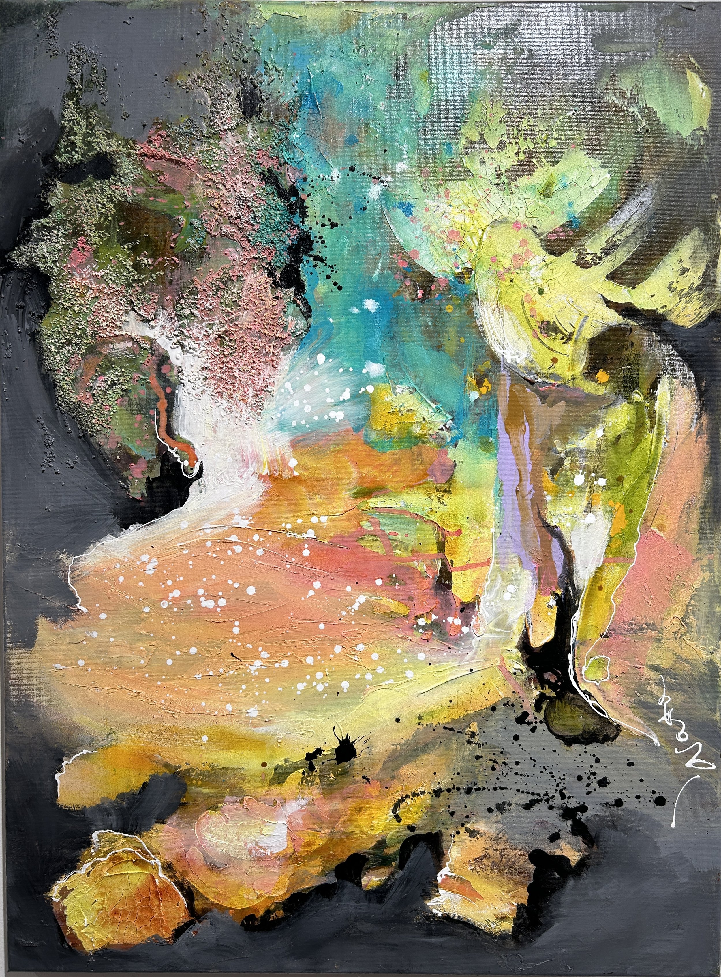 Forrest
80 x 60

Abstract painting with blue, green, pink, orange, and black tones, featuring splatter and textured effects.