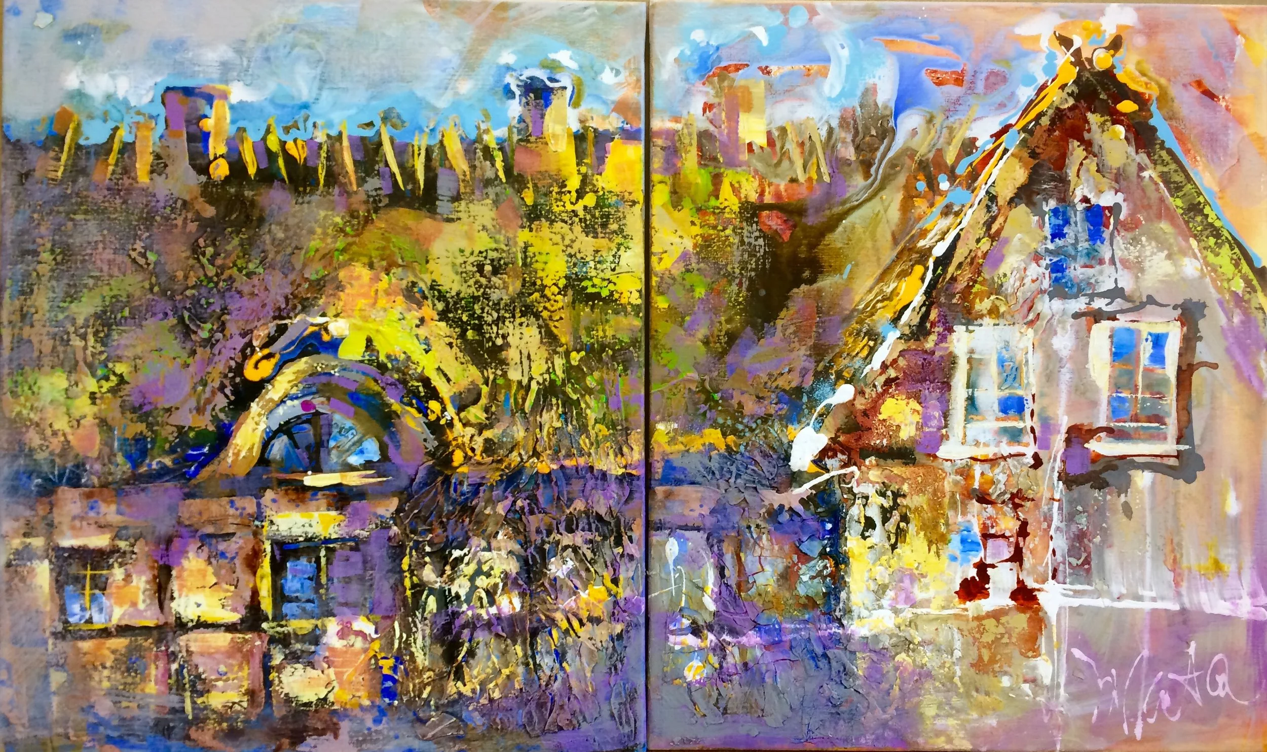 Nostalgia
2 x 60 x 100

A colorful, abstract painting of two houses surrounded by trees and rooftops, using many colors such as yellow, blue, purple, and brown.