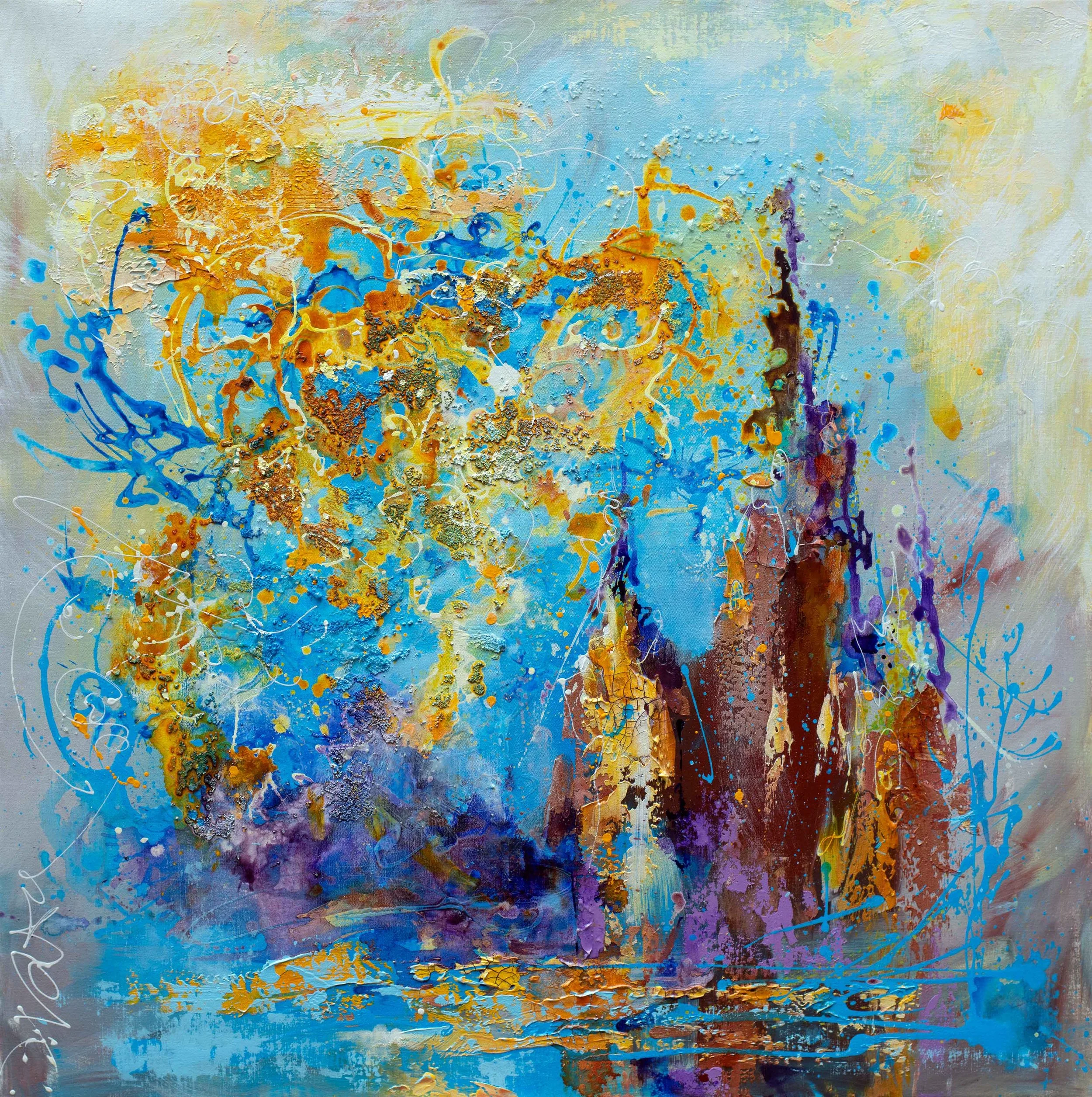 Abstract painting with vibrant splashes of blue, yellow, purple, and gold textures.