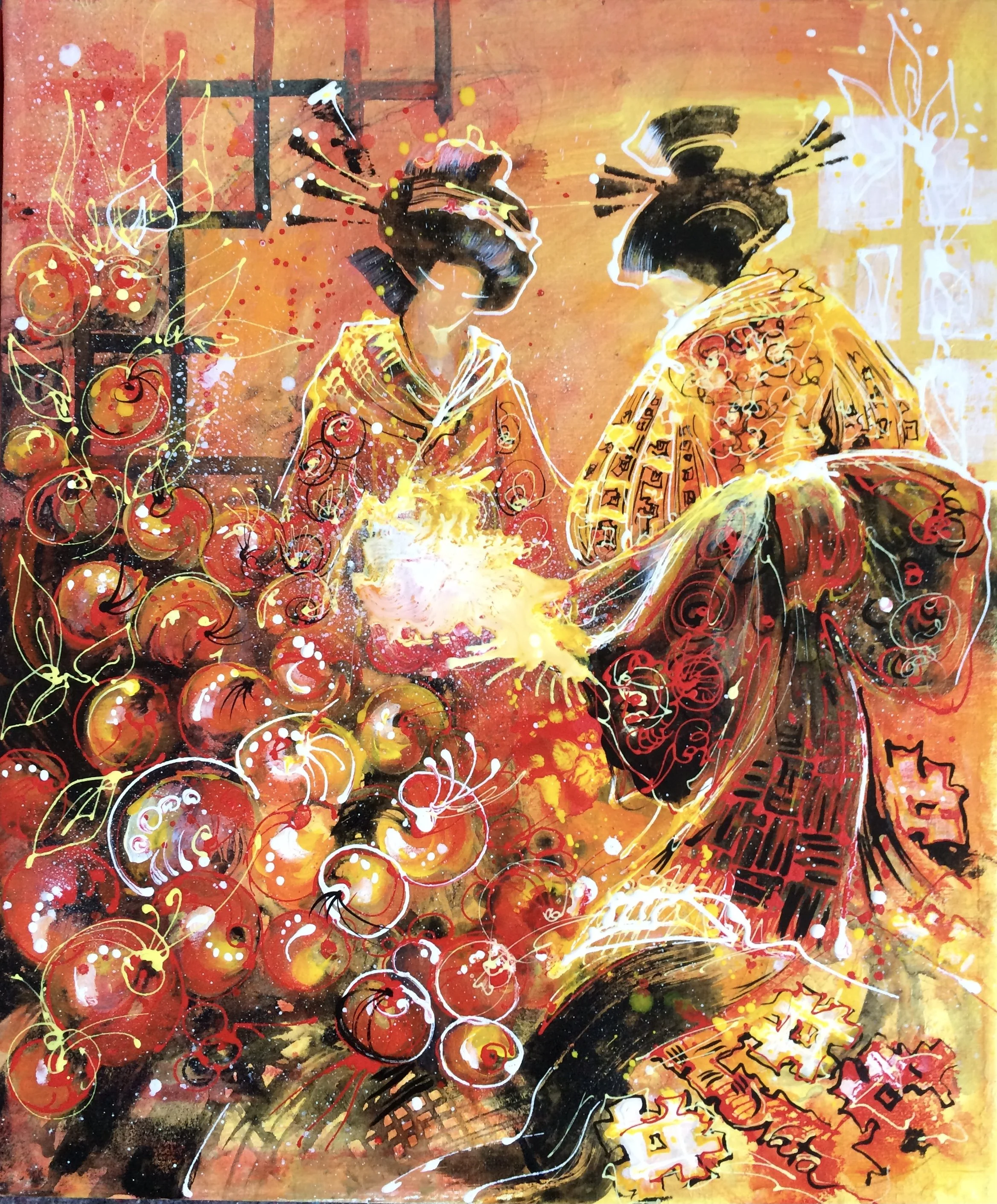 Geisha
60 x 50

Artwork depicting two women in traditional Japanese kimonos, surrounded by flowers and abstract elements in warm colors.