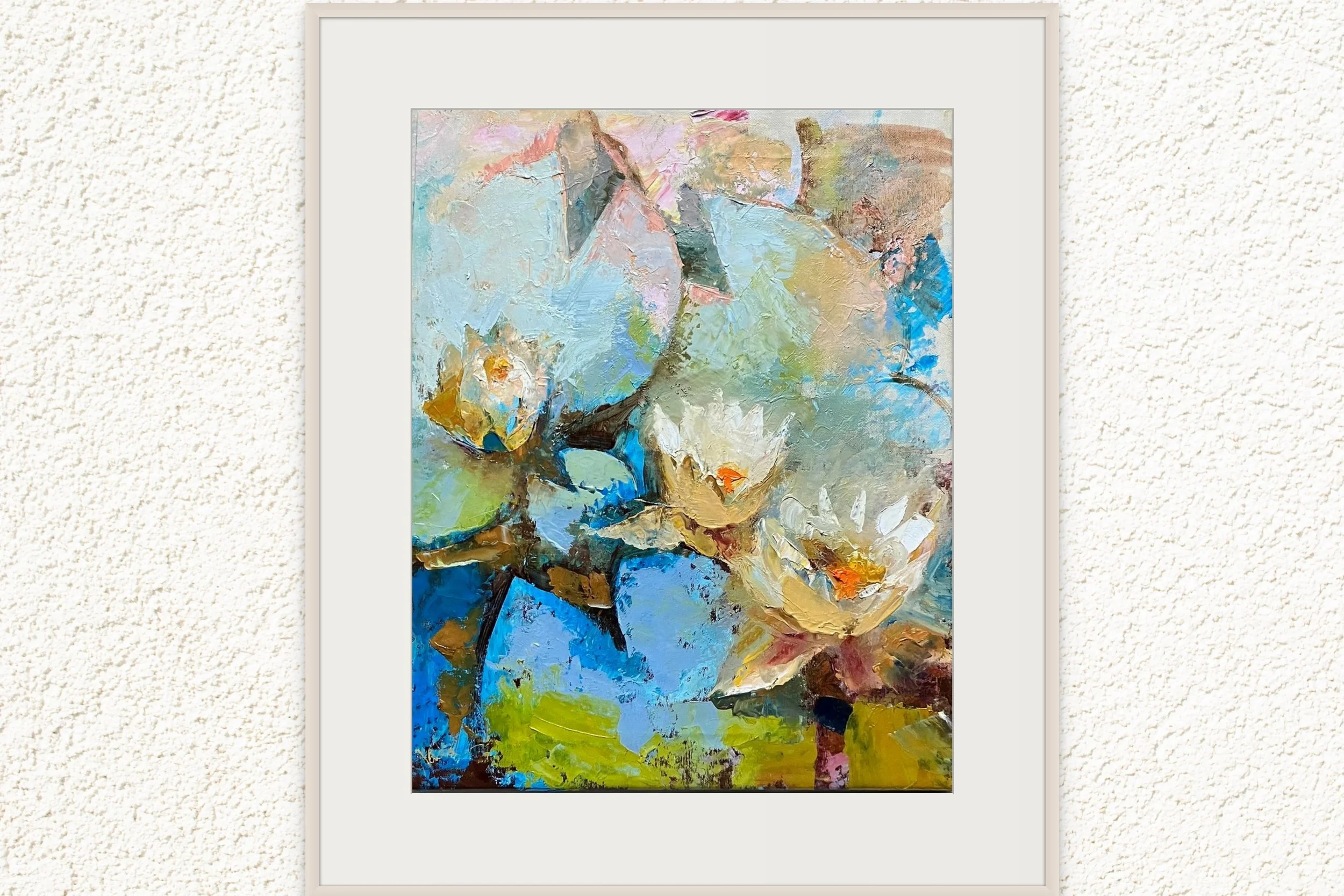 Abstract painting of white water lilies with yellow and orange centers, surrounded by large, overlapping green, blue, pink, and beige leaves, painted with thick textured brushstrokes.