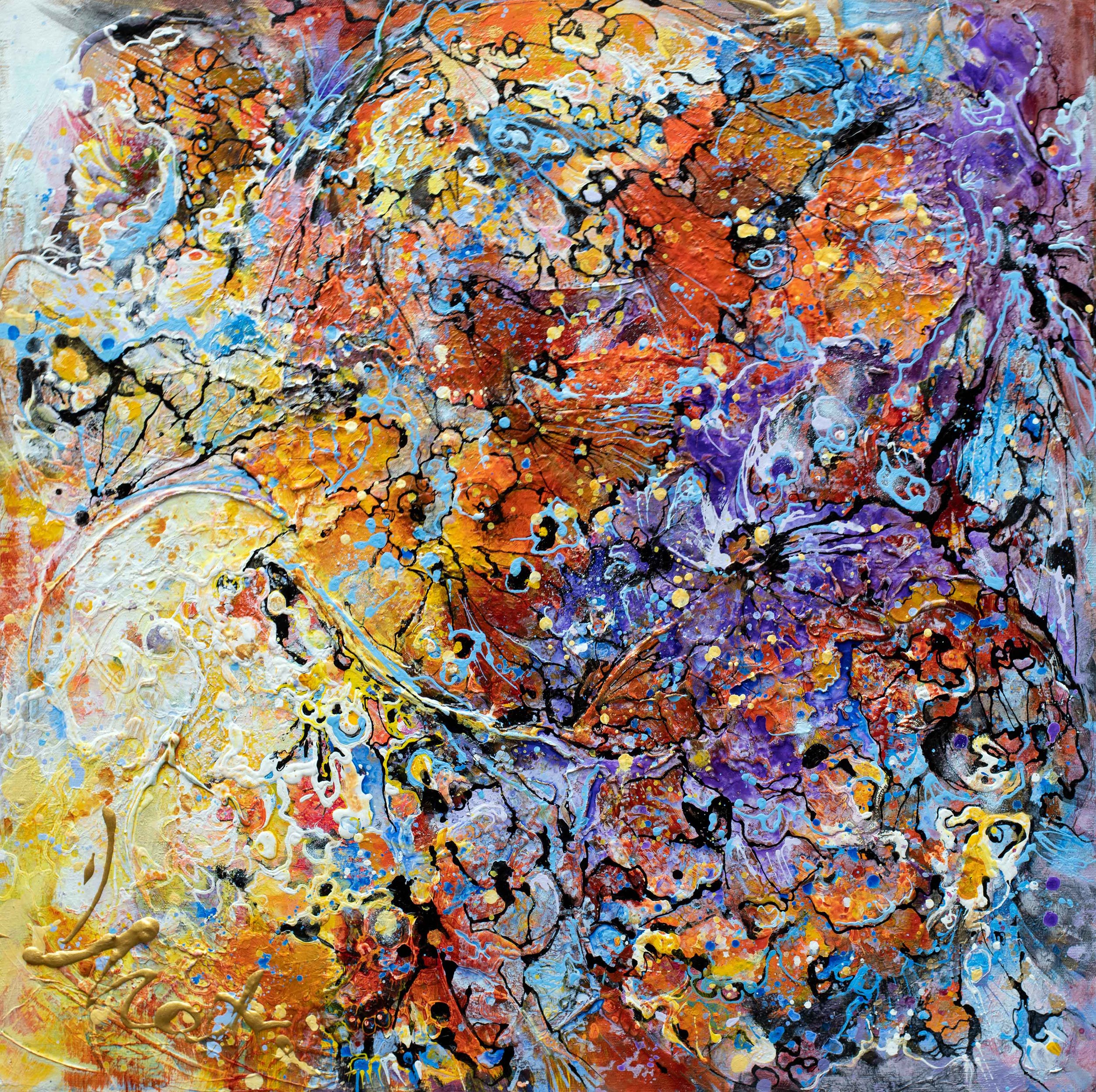 Butterfly 
80 x 80

Abstract expressionist painting with splashes of orange, yellow, purple, blue, white, and black paint, creating a dynamic and textured composition.