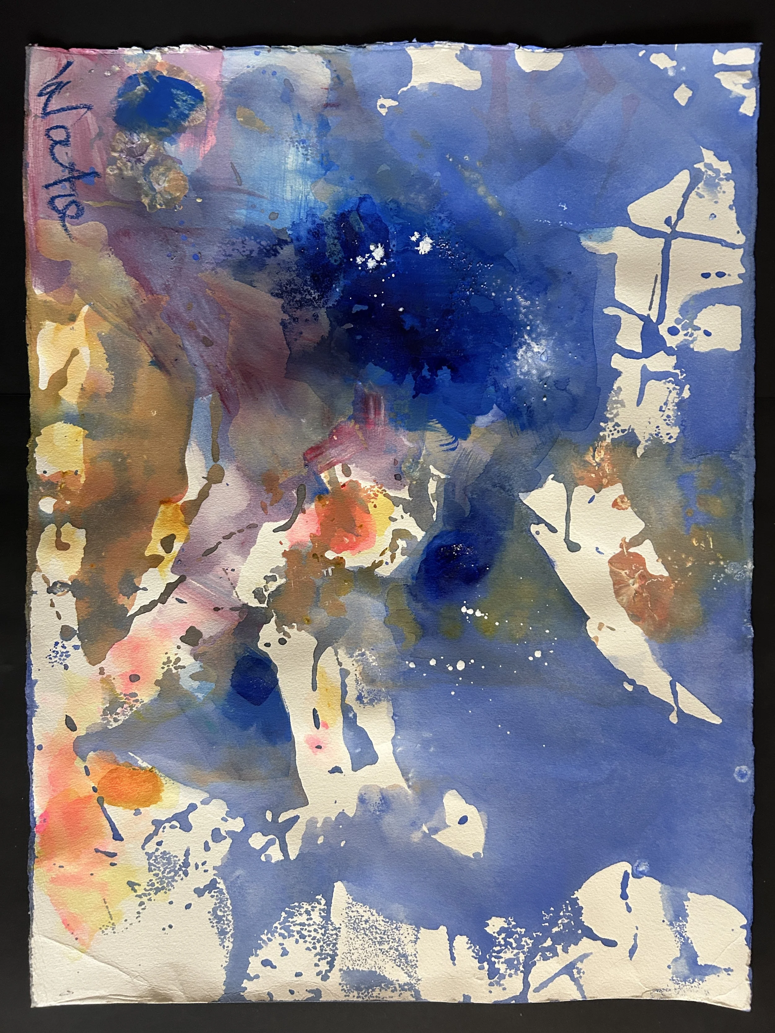 An abstract watercolor painting with splashes of blue, pink, purple, yellow, and white, featuring a mix of fluid shapes and textures.