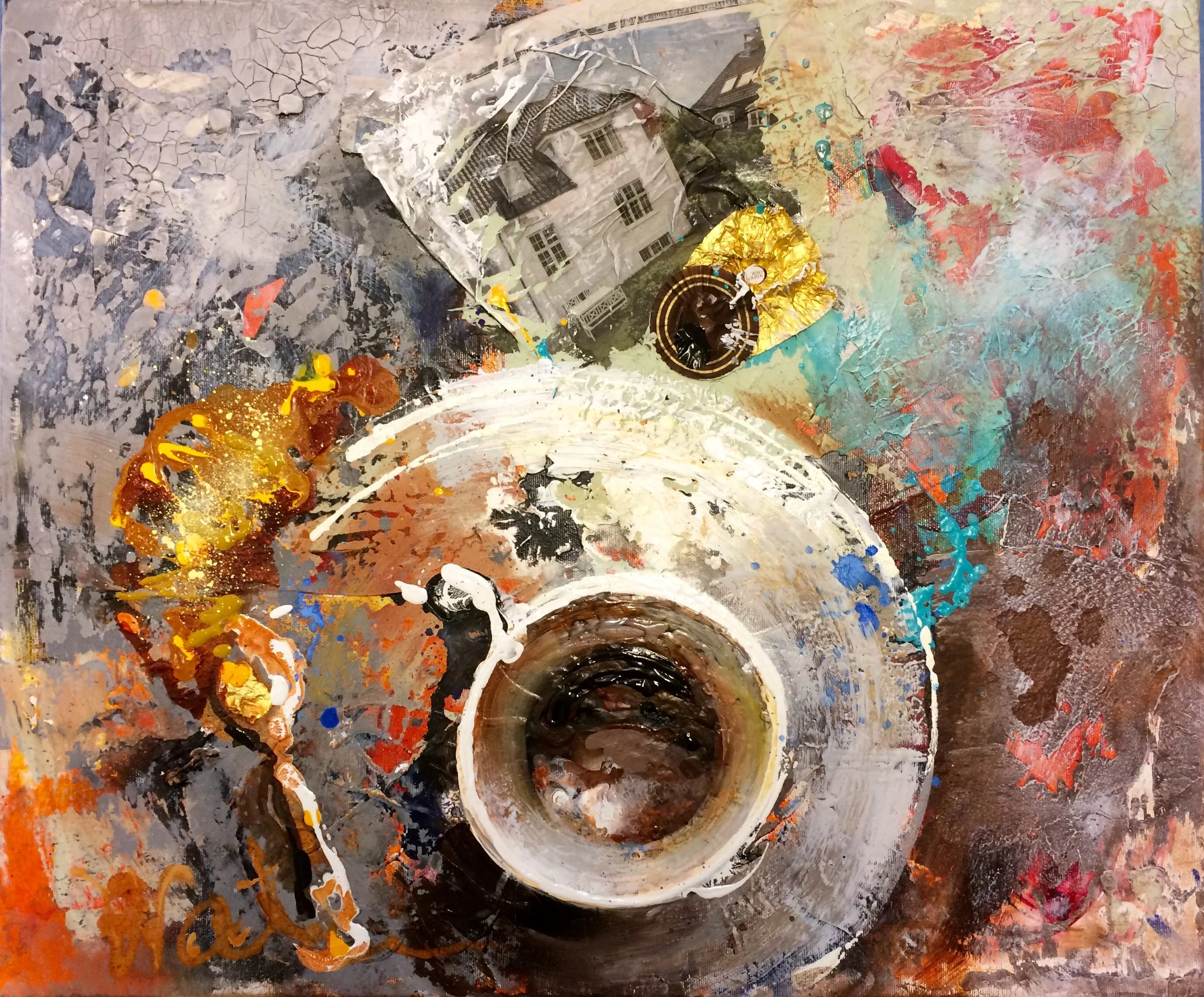 Abstract mixed media artwork combining a coffee cup with a cityscape and splashes of vibrant paint in various colors.